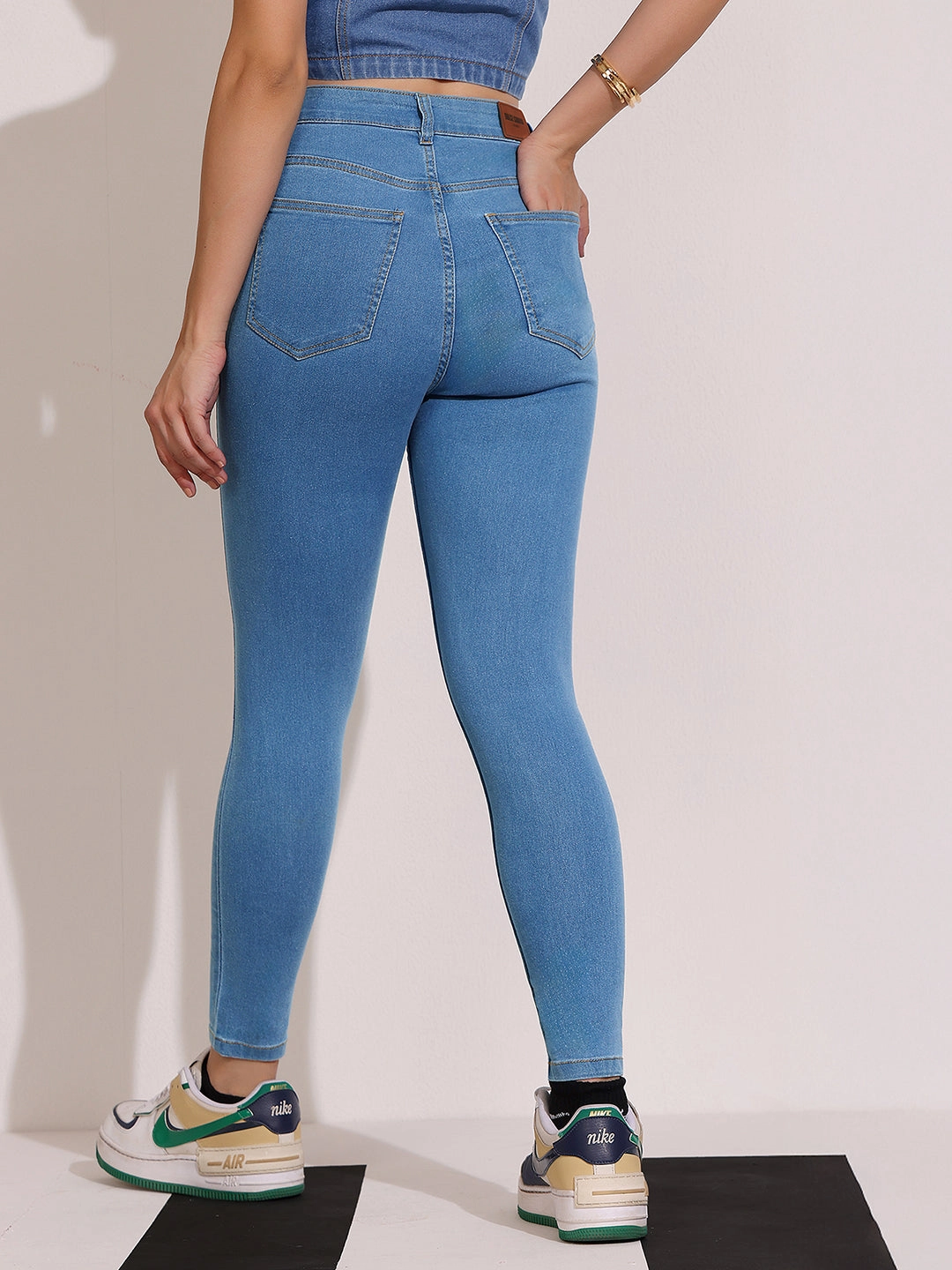 Women's Blue Skinny High-Rise Distressed Cropped Denim Jeans FourWayStretch