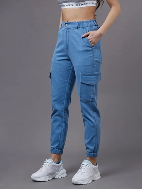 Women's Light Blue High-Rise Regular Light Weight Stretchable Denim Joggers Breath Friendly Comfy Cut