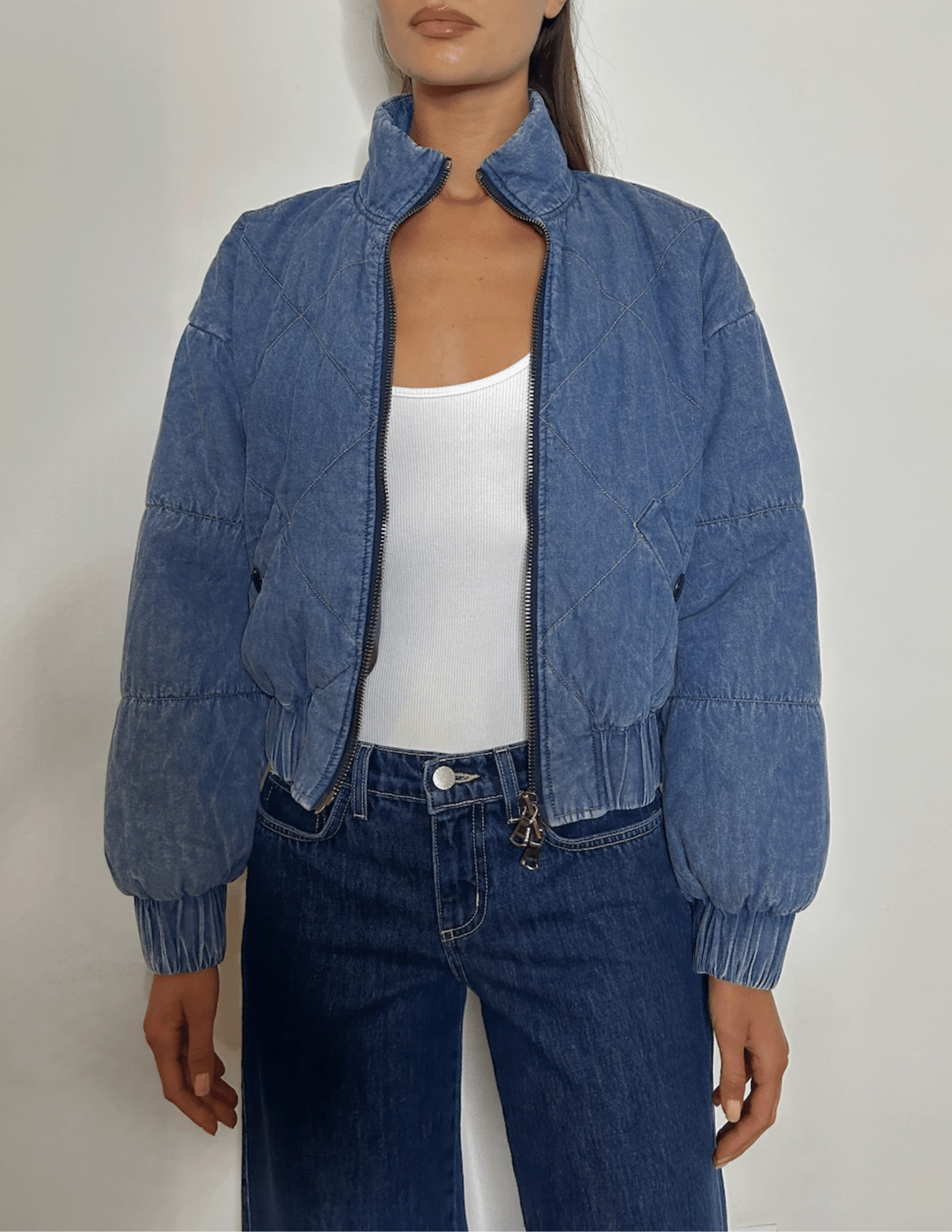 Flatlock stitching Casual Chill Look L'AGENCE Ryah Washed Denim Bomber Jacket