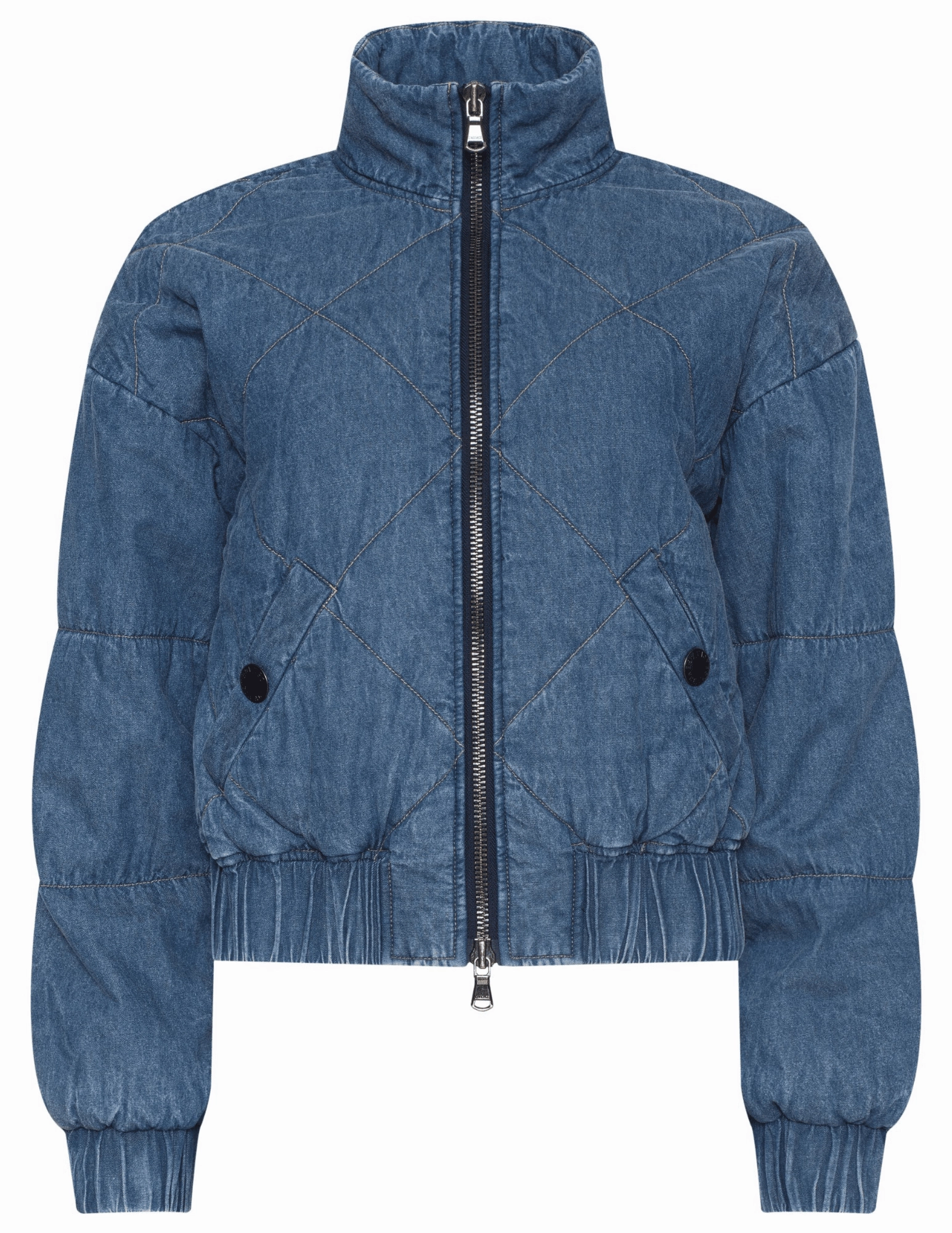 L'AGENCE Ryah Washed Denim Bomber Jacket Reinforced Seam Construction