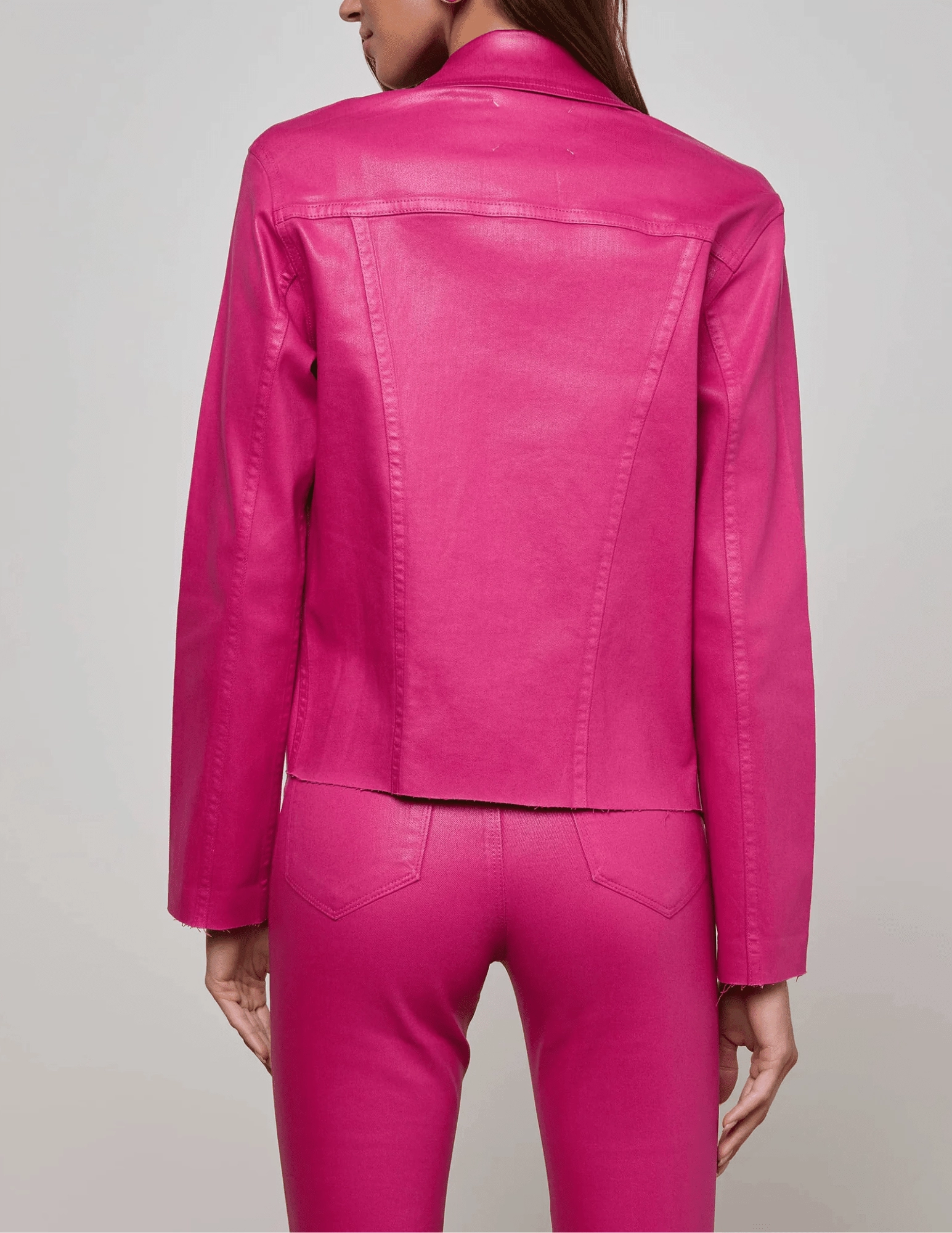 L'AGENCE Janelle Slim Raw Coated Jacket in Pink Coated Comfort Flex Fit Quick Dry Fabric
