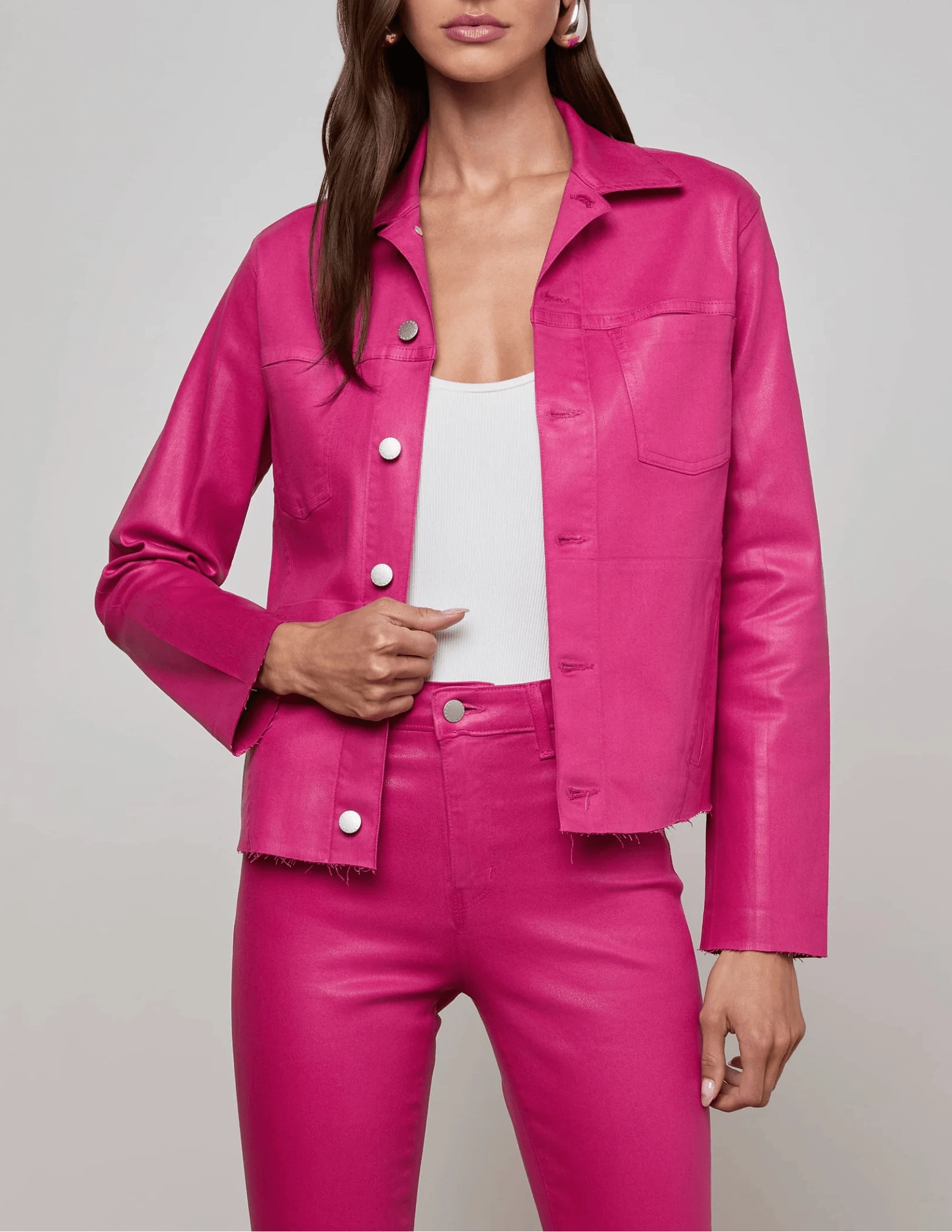 UV protection layer Hooded Comfort Fit L'AGENCE Janelle Slim Raw Coated Jacket in Pink Coated