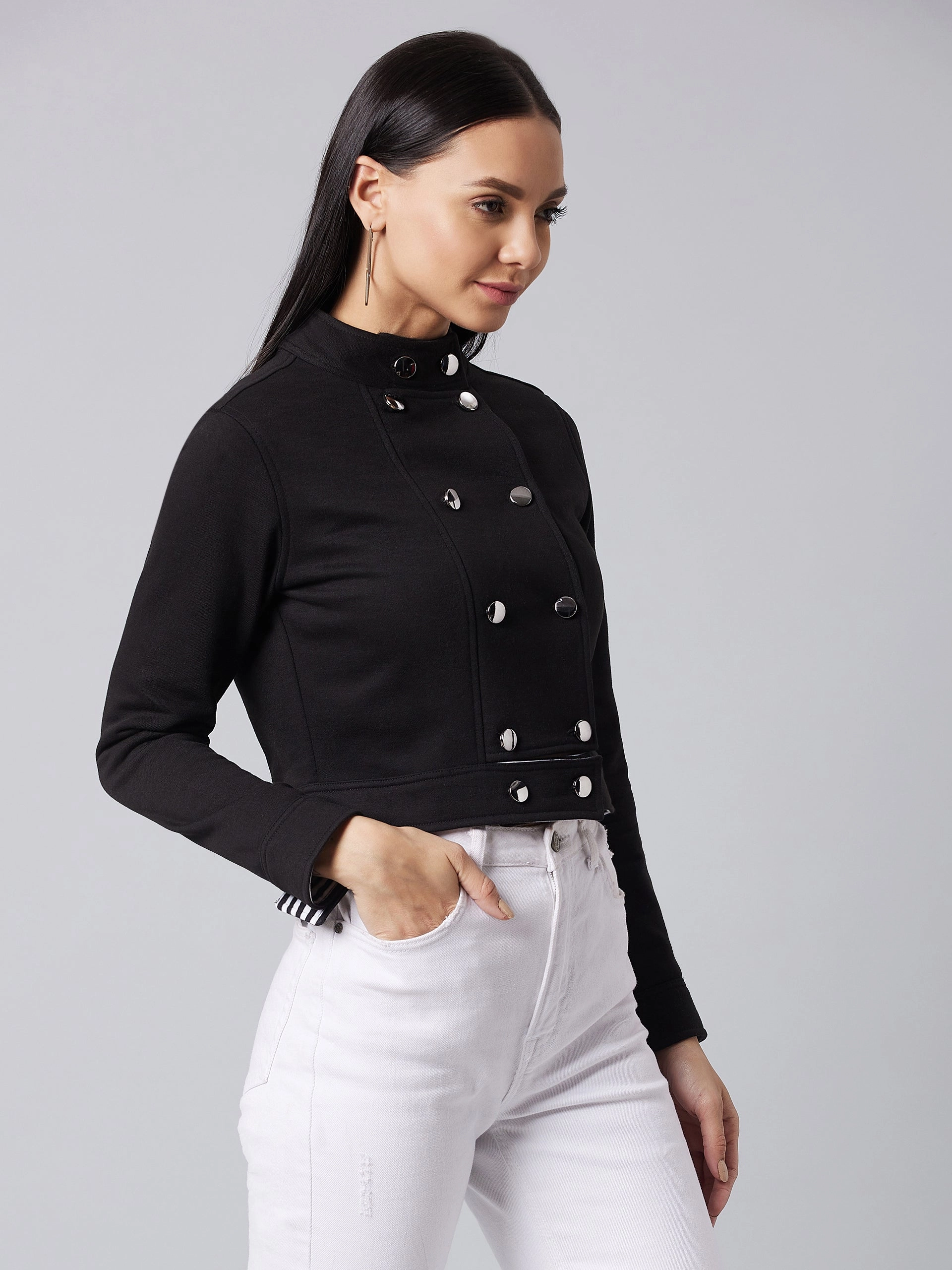 Women's Black Round Neck Full Sleeve Solid Paneled Crop Jacket Adaptive Tension Bands Noise Reduced Fastener System