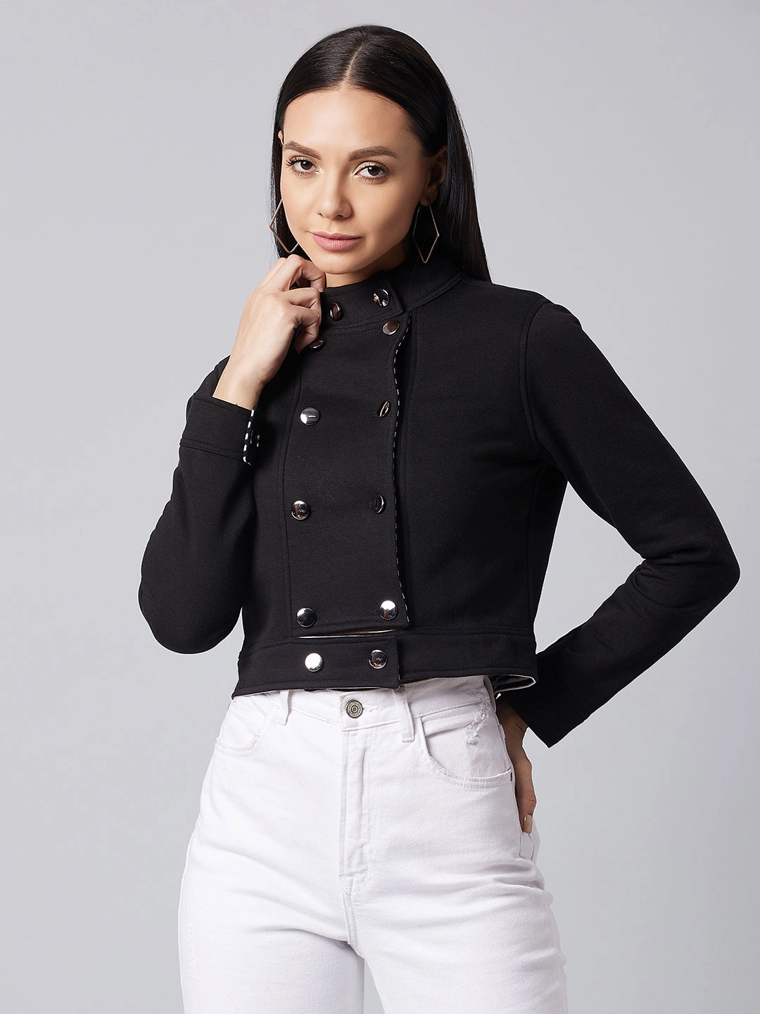 Women's Black Round Neck Full Sleeve Solid Paneled Crop Jacket Functional Layer Piece Thick Fabric