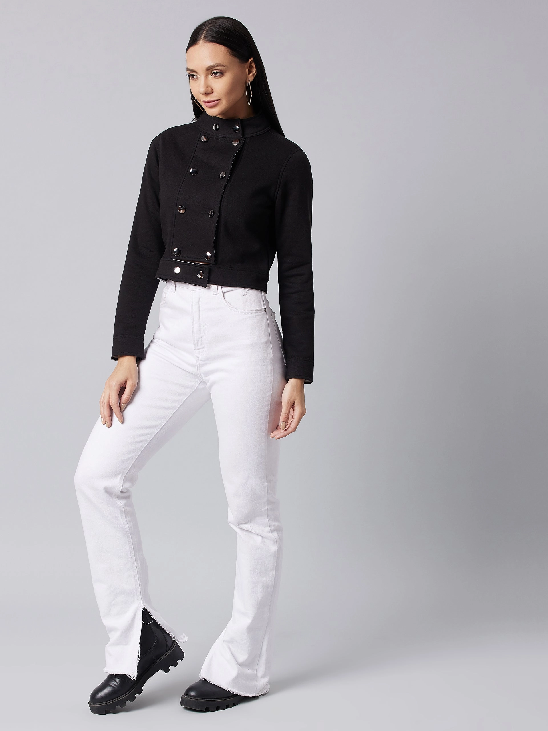 Puffer Design Women's Black Round Neck Full Sleeve Solid Paneled Crop Jacket