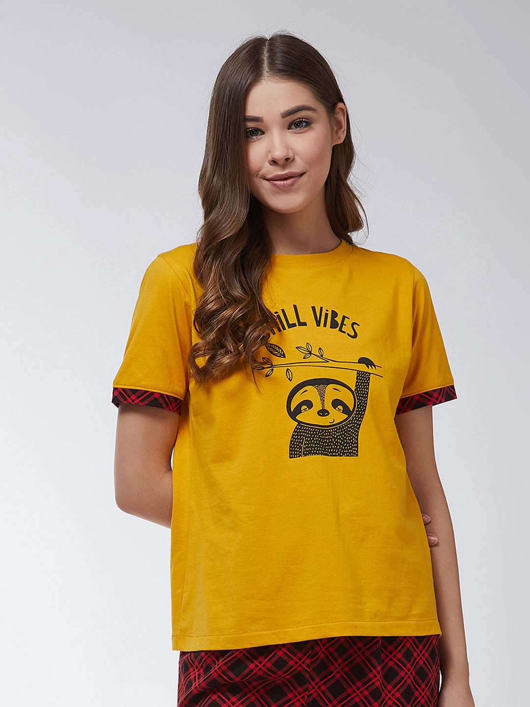 Women's Mustard Yellow Round Neck Short Sleeves Regular Length Printed T-shirt OdorResistant Fabric QuickDry Texture