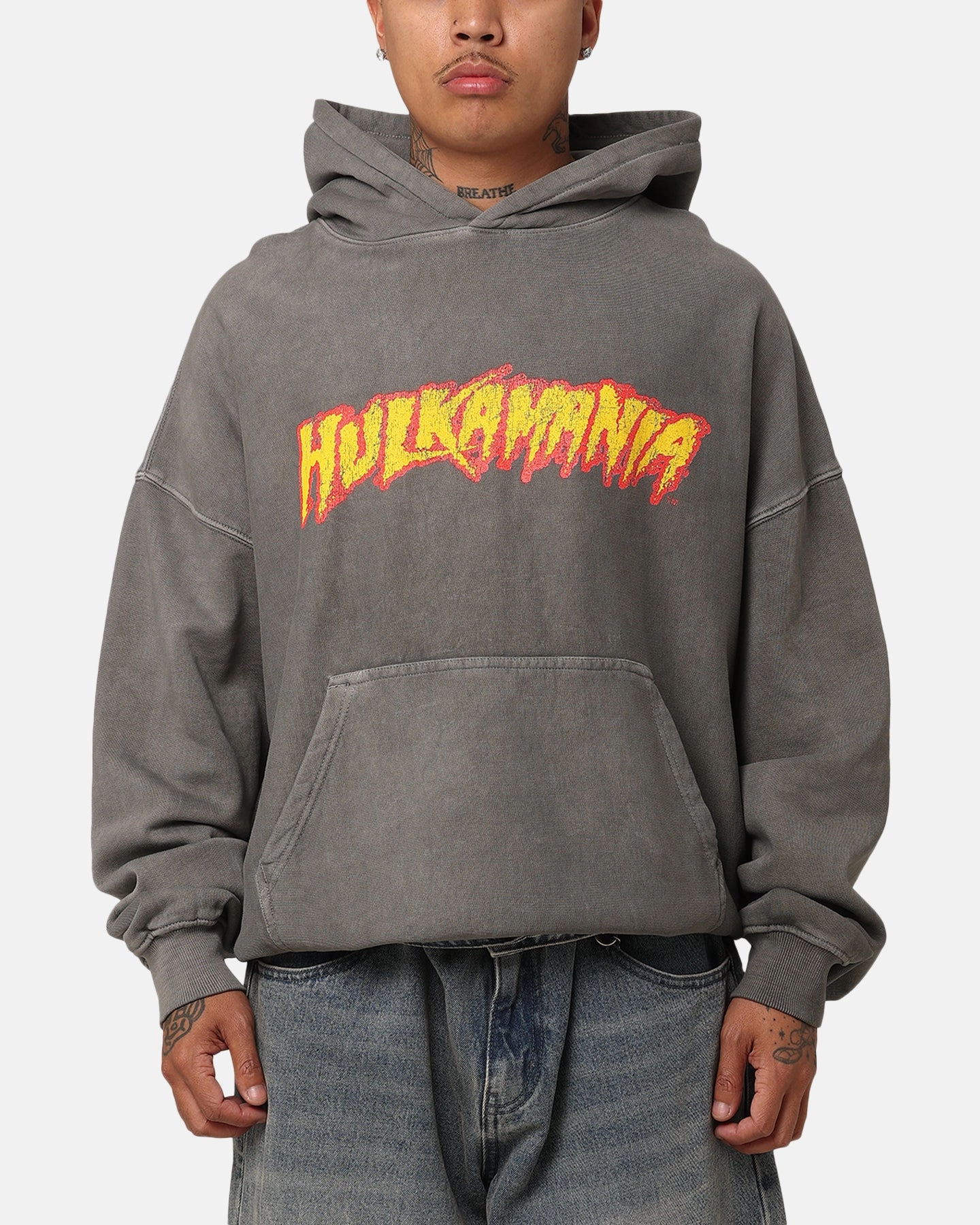 Culture Kings X WWE Hulk Hogan Hulkamania Premium Hoodie Washed Charcoal BondedShoulder Ventilated Panels