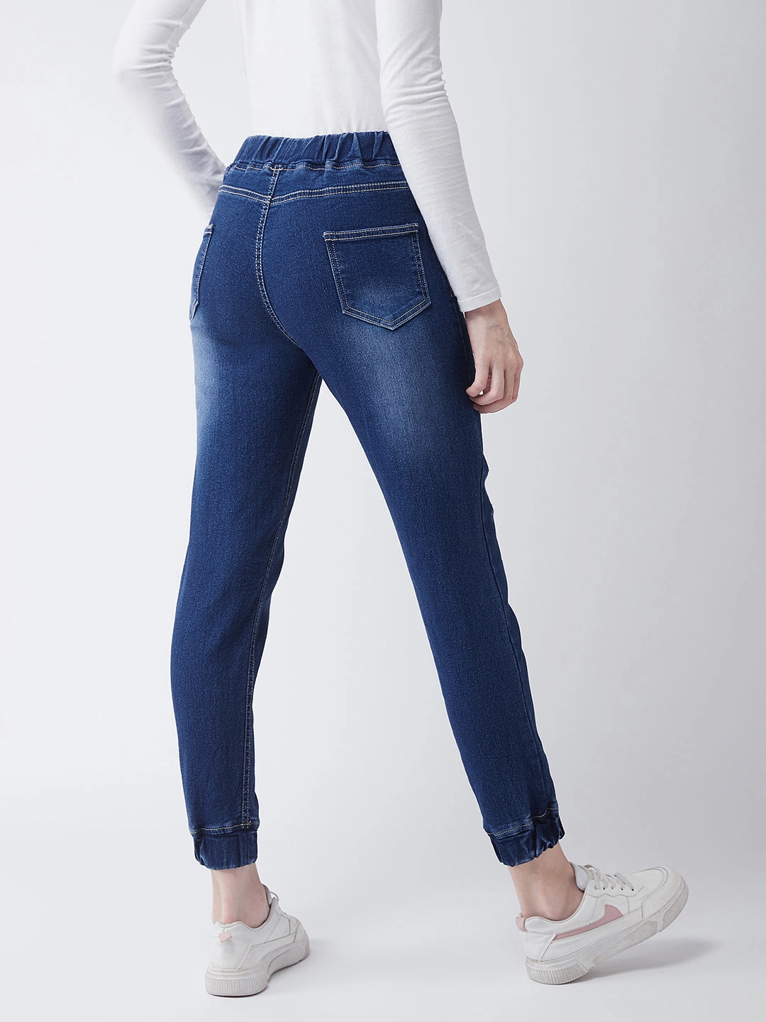 Workout Ready Quick Wear Fit Women's Navy Blue Relaxed Fit Mid Rise Regular Length Scraped Denim Stretchable Jogger Pants