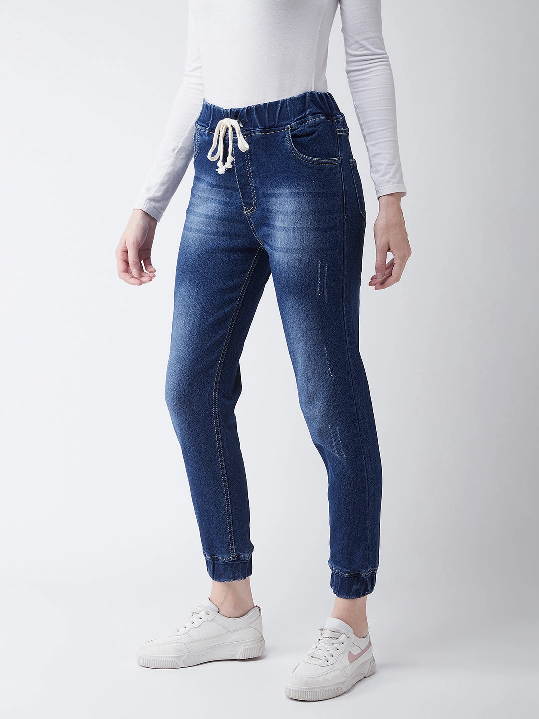 Women's Navy Blue Relaxed Fit Mid Rise Regular Length Scraped Denim Stretchable Jogger Pants Comfy Fit