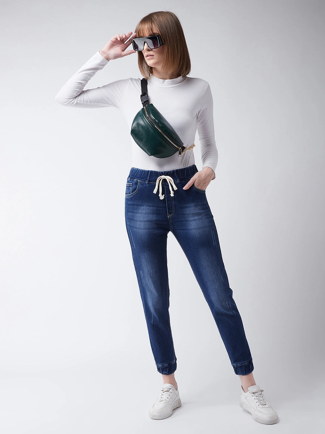 Women's Navy Blue Relaxed Fit Mid Rise Regular Length Scraped Denim Stretchable Jogger Pants Multi-way wear Ultra Soft