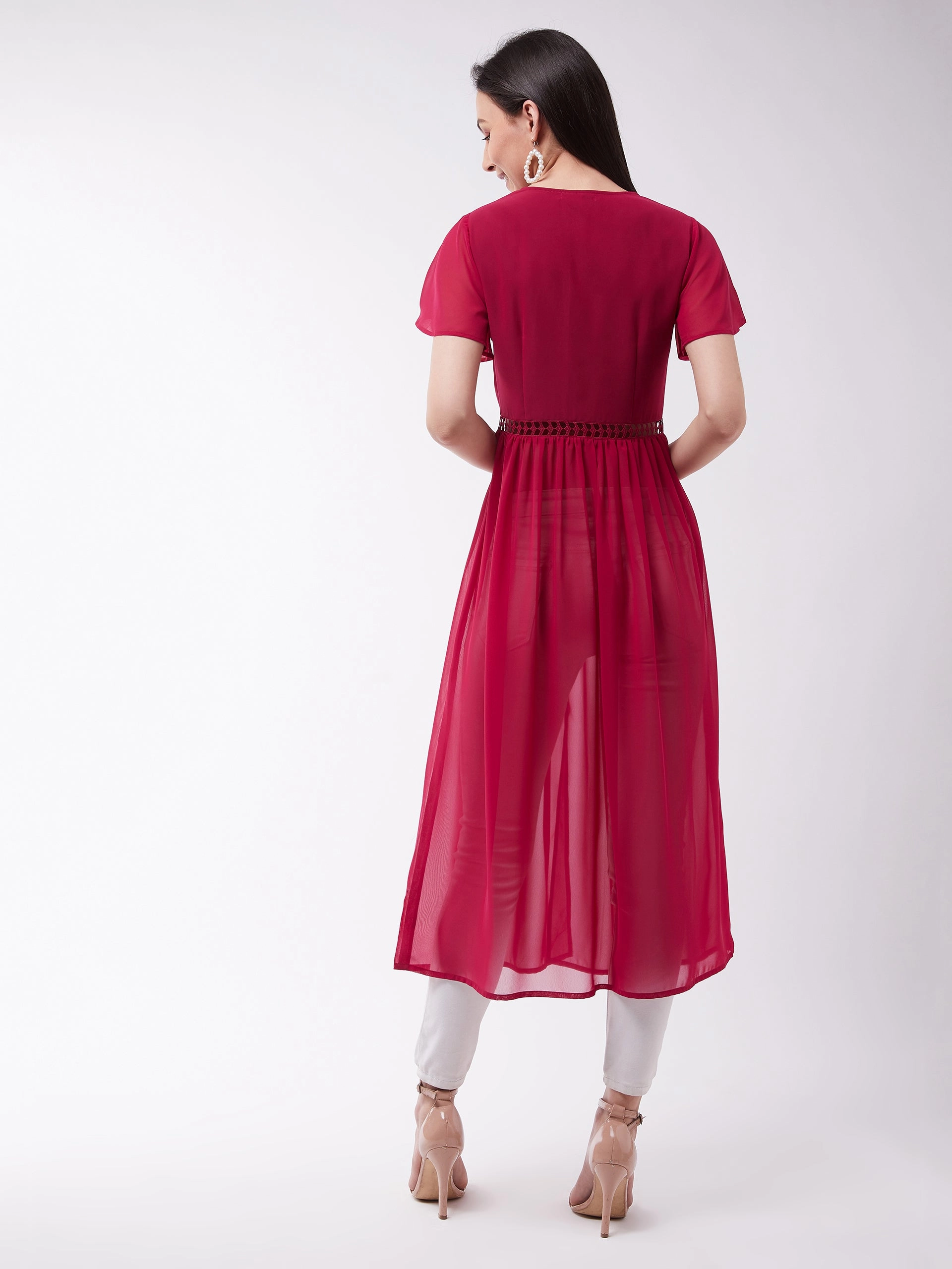 Women's Dark Pink Round Neck Flared Sleeve Solid Gathered Maxi Top AntiStaticTreatment