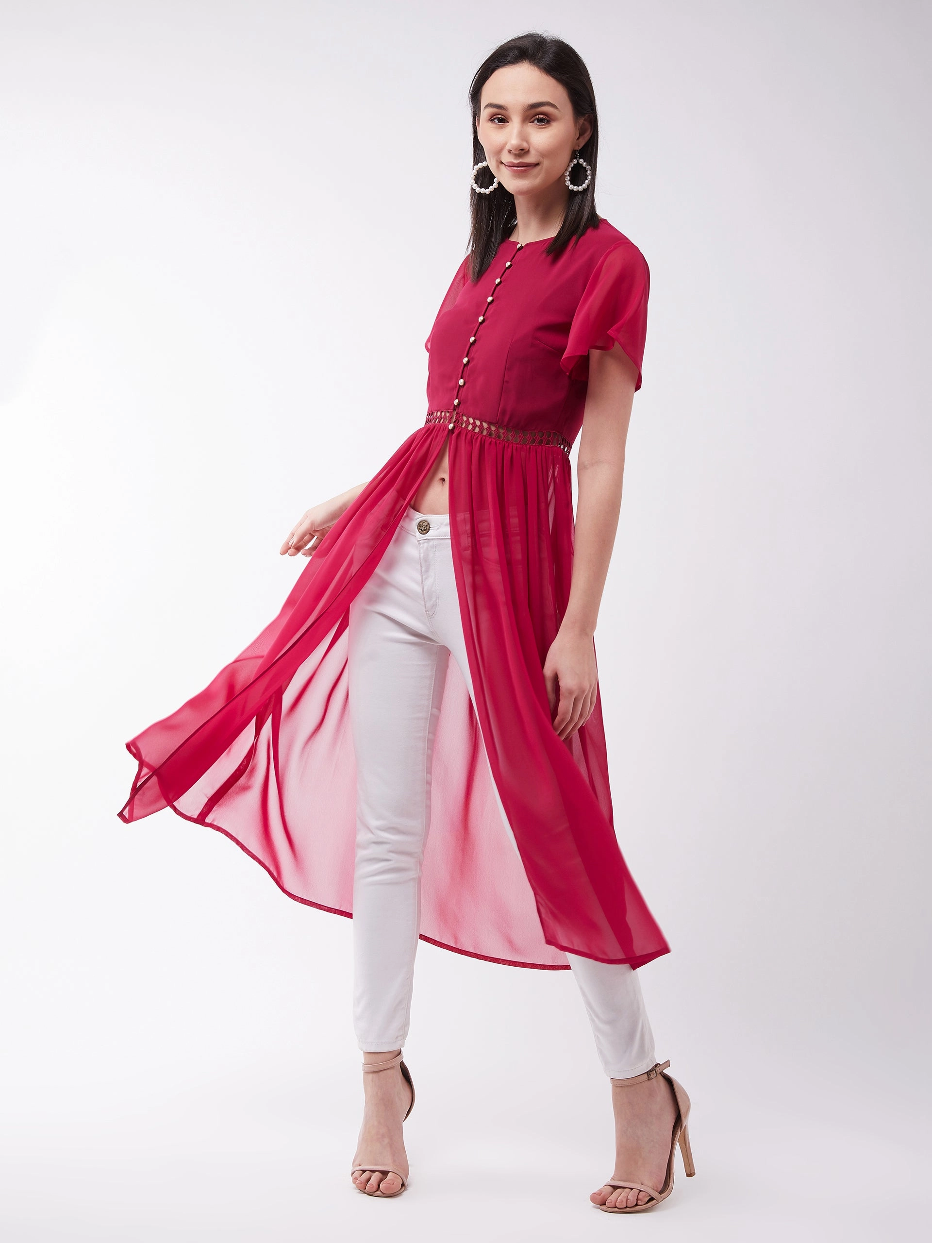 Women's Dark Pink Round Neck Flared Sleeve Solid Gathered Maxi Top Moisture Management