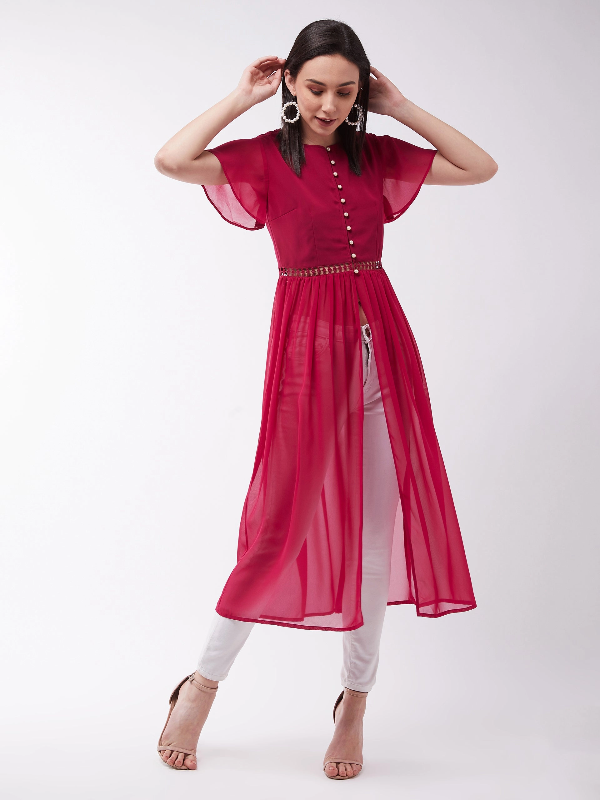 Women's Dark Pink Round Neck Flared Sleeve Solid Gathered Maxi Top AntiOdorTechnology Drop Shoulder