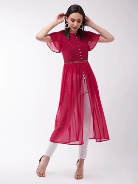 Women's Dark Pink Round Neck Flared Sleeve Solid Gathered Maxi Top AntiOdorTechnology Drop Shoulder