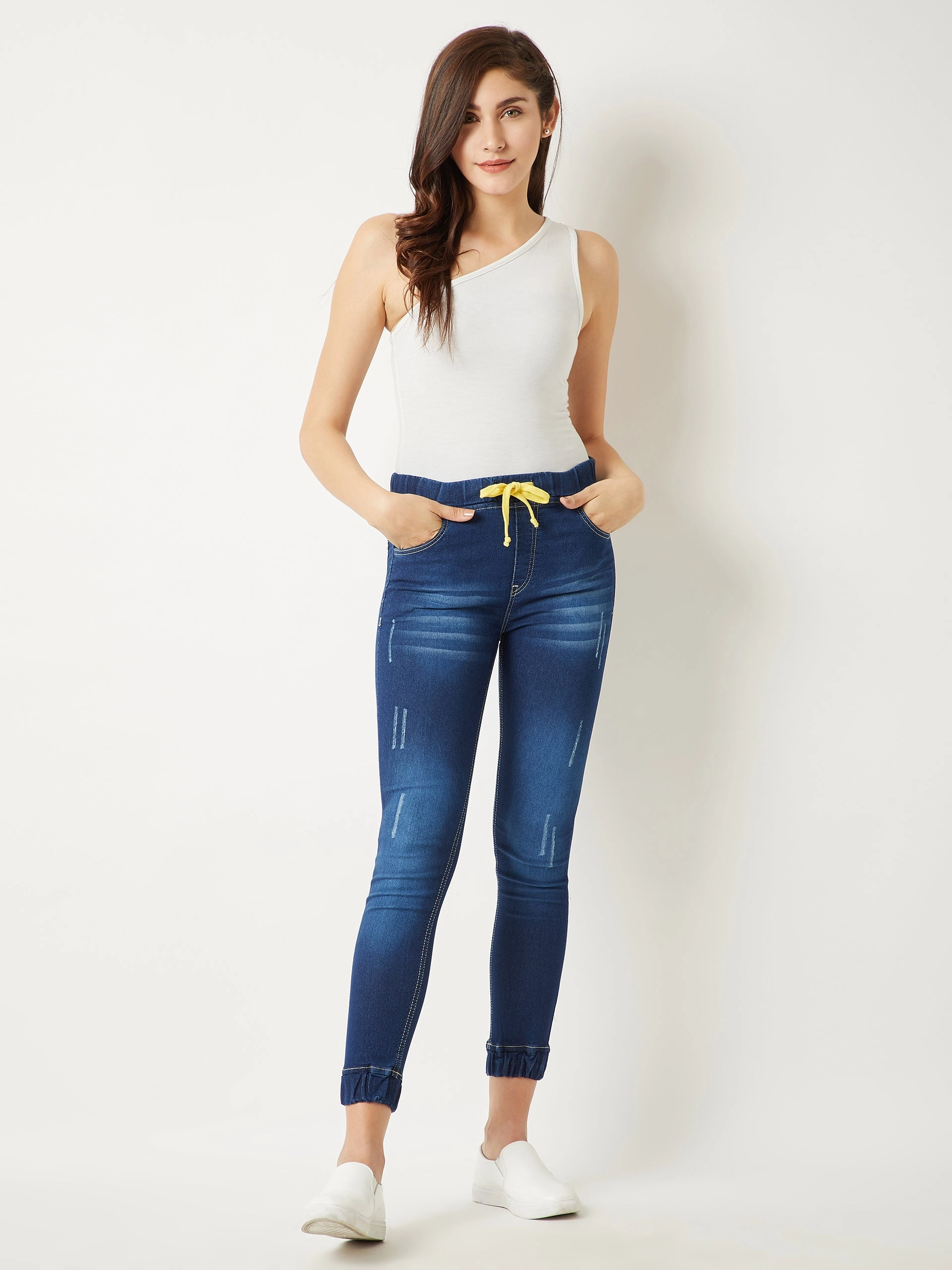 Timeless Comfort Fit Women's Navy Blue Relaxed Fit Mid Rise Clean-Look Scraping Detail Ankle Length Denim Joggers