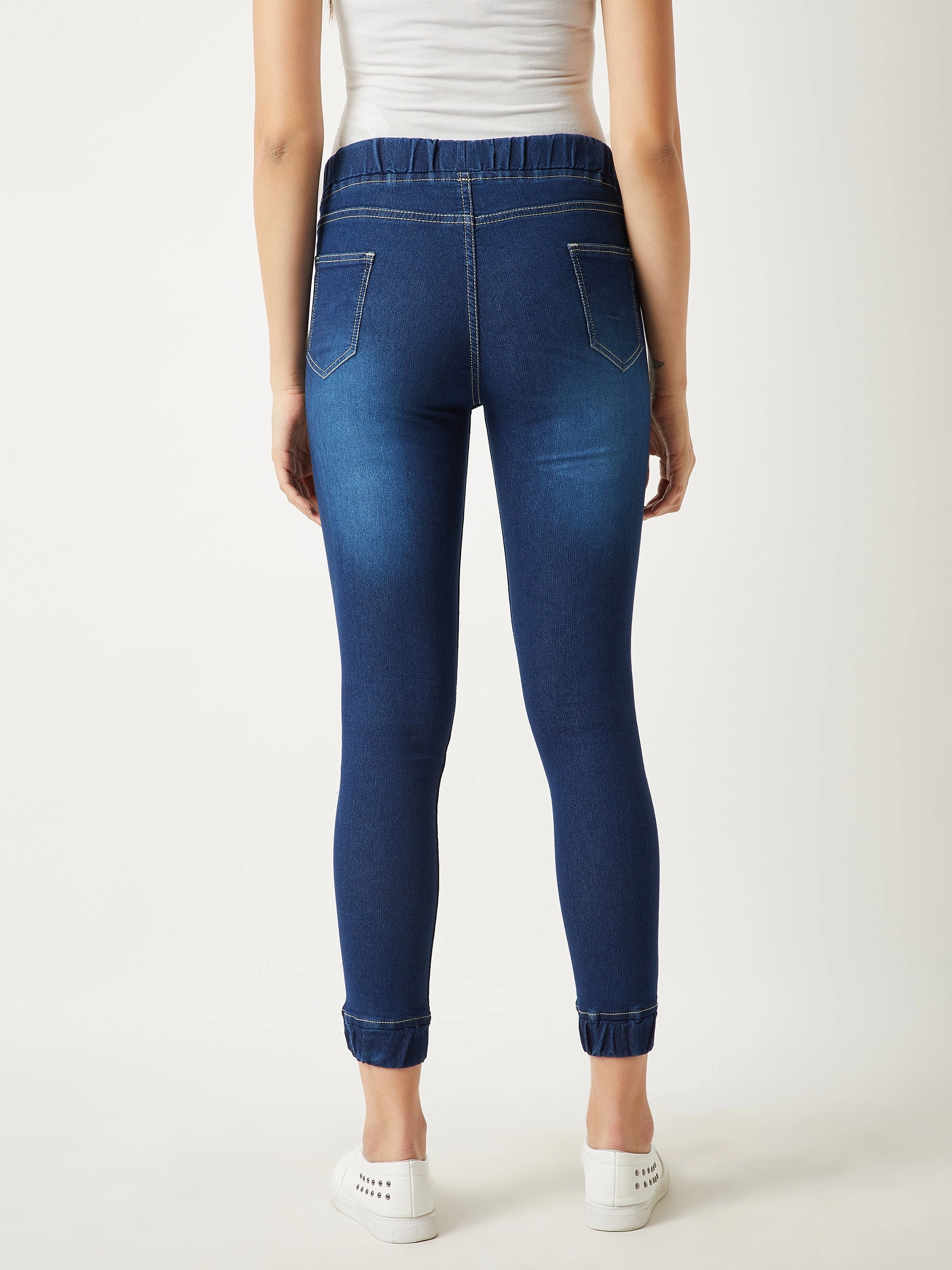 Women's Navy Blue Relaxed Fit Mid Rise Clean-Look Scraping Detail Ankle Length Denim Joggers Reinforced Stitching