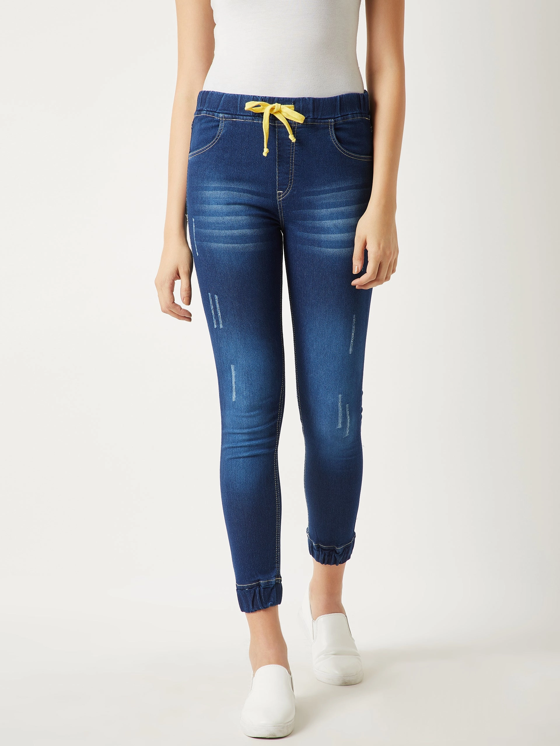 Sporty Appeal Versatile Fashion Women's Navy Blue Relaxed Fit Mid Rise Clean-Look Scraping Detail Ankle Length Denim Joggers