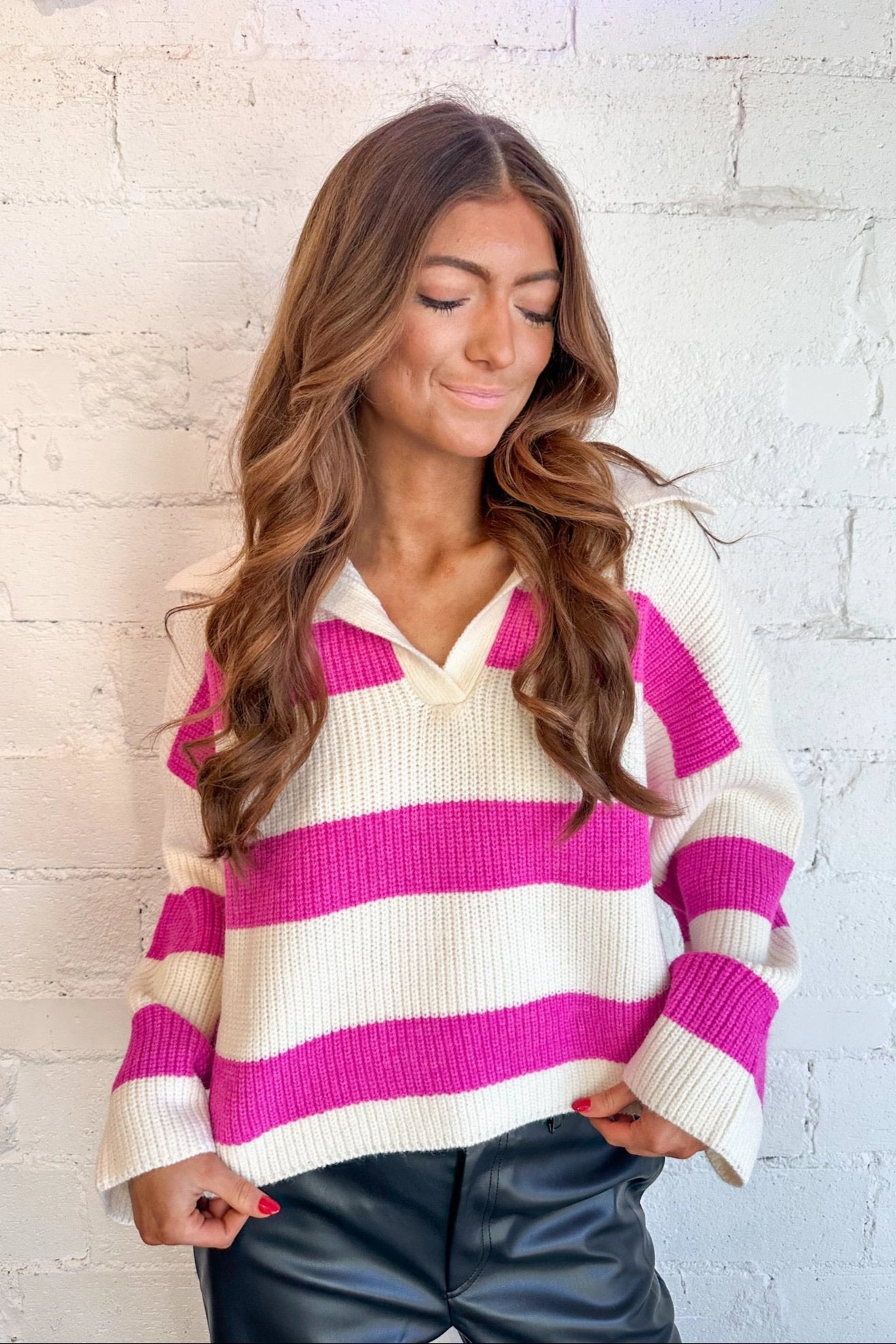 Fuchsia Striped Knit Sweater LowMaintenance Fabric Ribbed Knit
