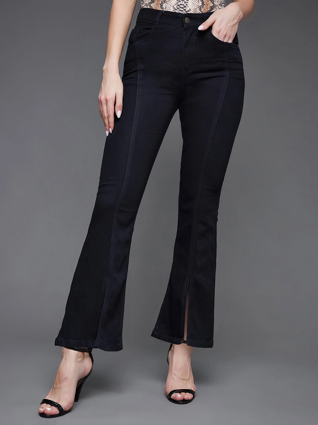 Relaxed Comfort 24/7 Comfort Black Bell-Bottom Bootcut Hourglass High-Rise Stretchable Slit Denim Jeans