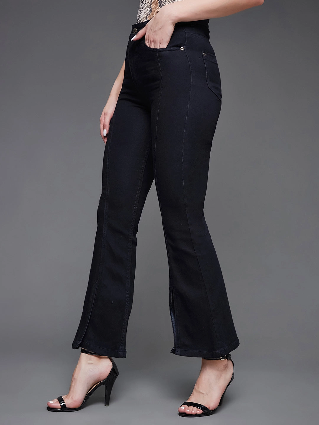 24/7 Comfort Black Bell-Bottom Bootcut Hourglass High-Rise Stretchable Slit Denim Jeans Neutral design Slim Modern