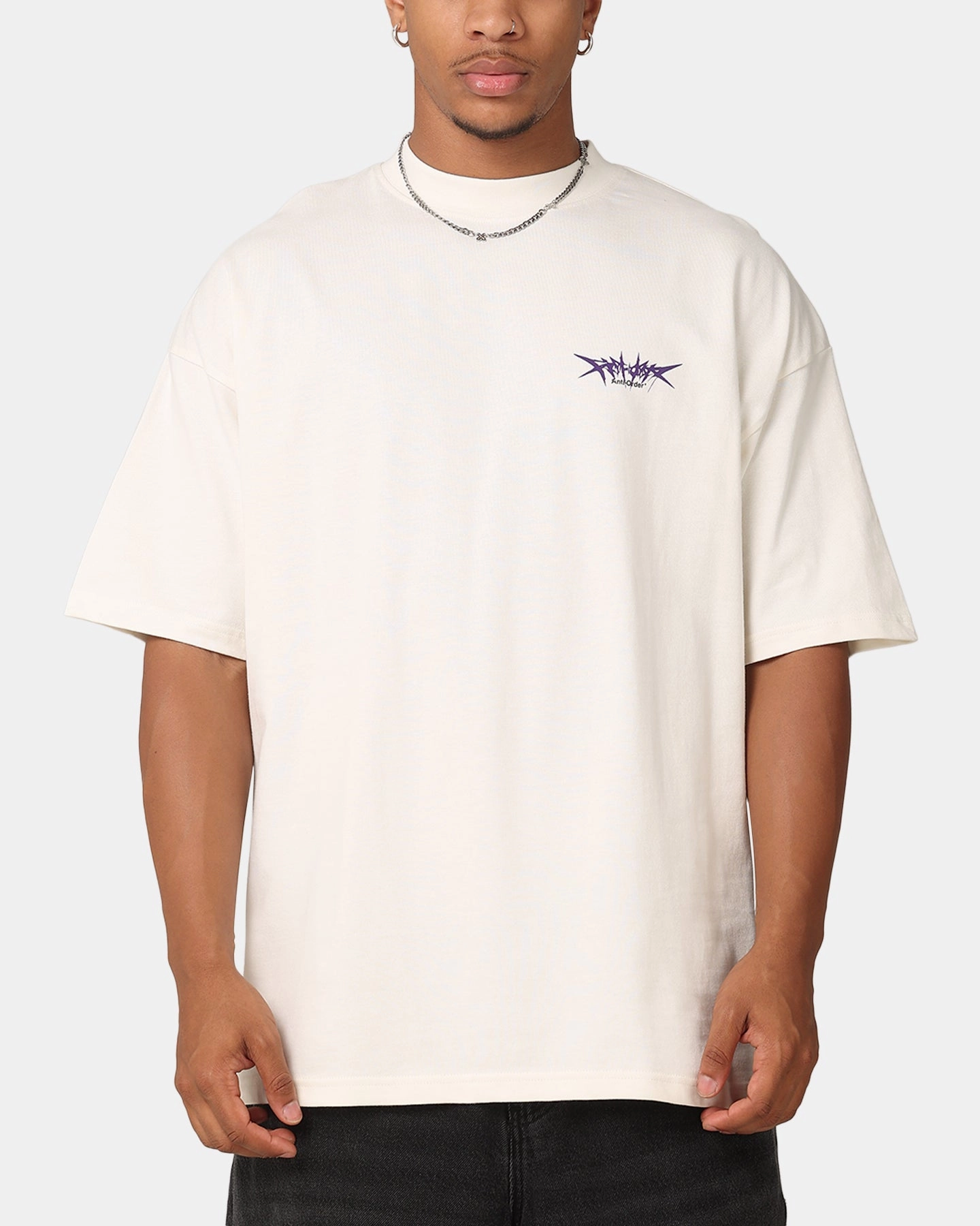 The Anti Order Metal Mock Neck T-Shirt Off White Microfiber Technology Layered Hem Detailing