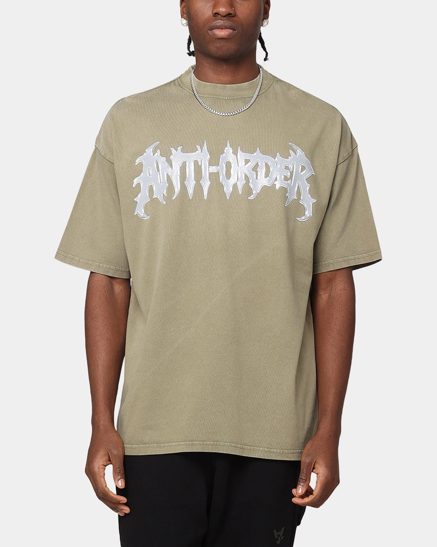 The Anti Order New Dawn Mock Neck T-Shirt Vintage Khaki Contrast Stitch Detail