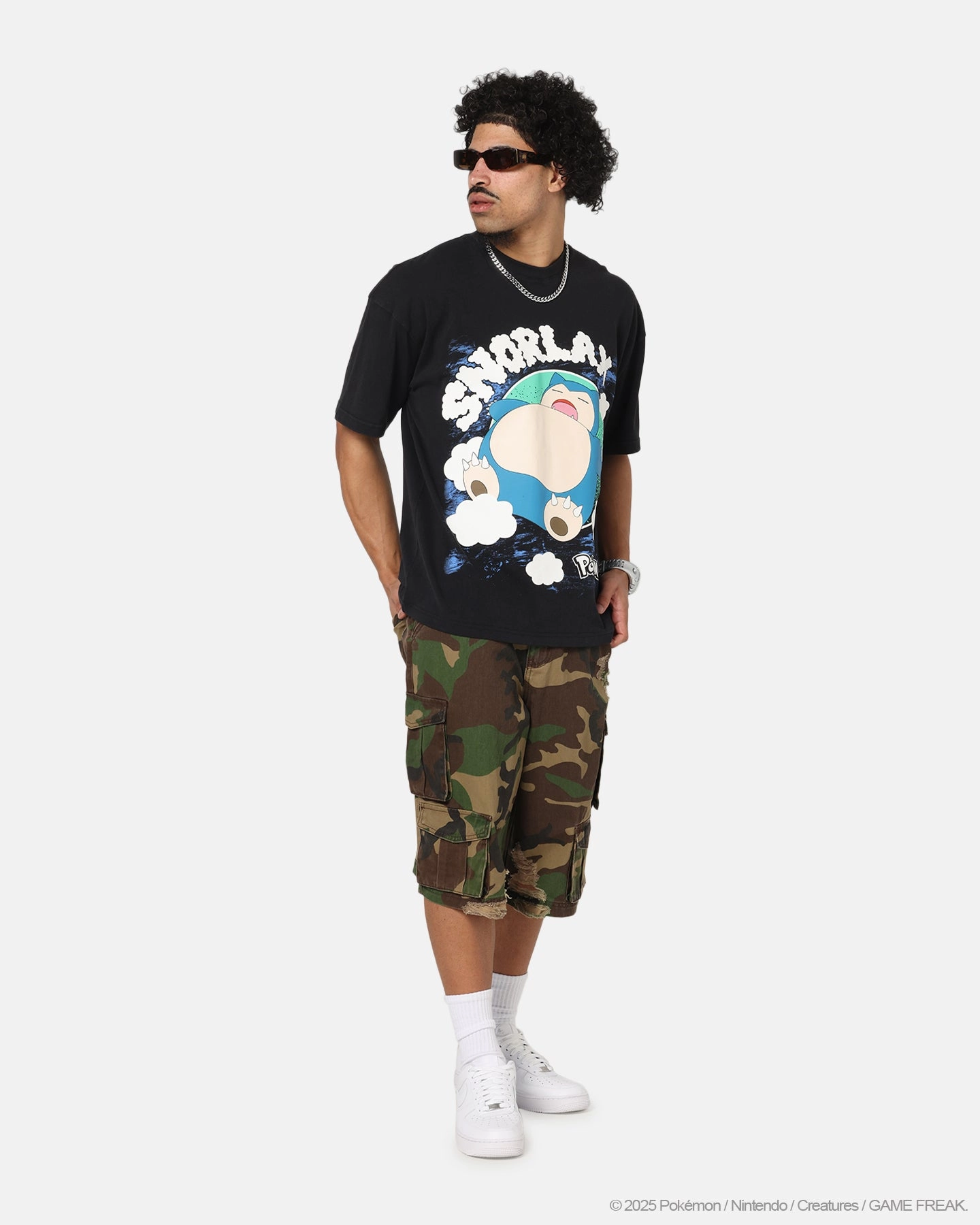 The Pok??mon Collection By 73 Studio Snorlax Vintage T-Shirt Off Black Yarn Dyed Fabric DoubleStitched Hem