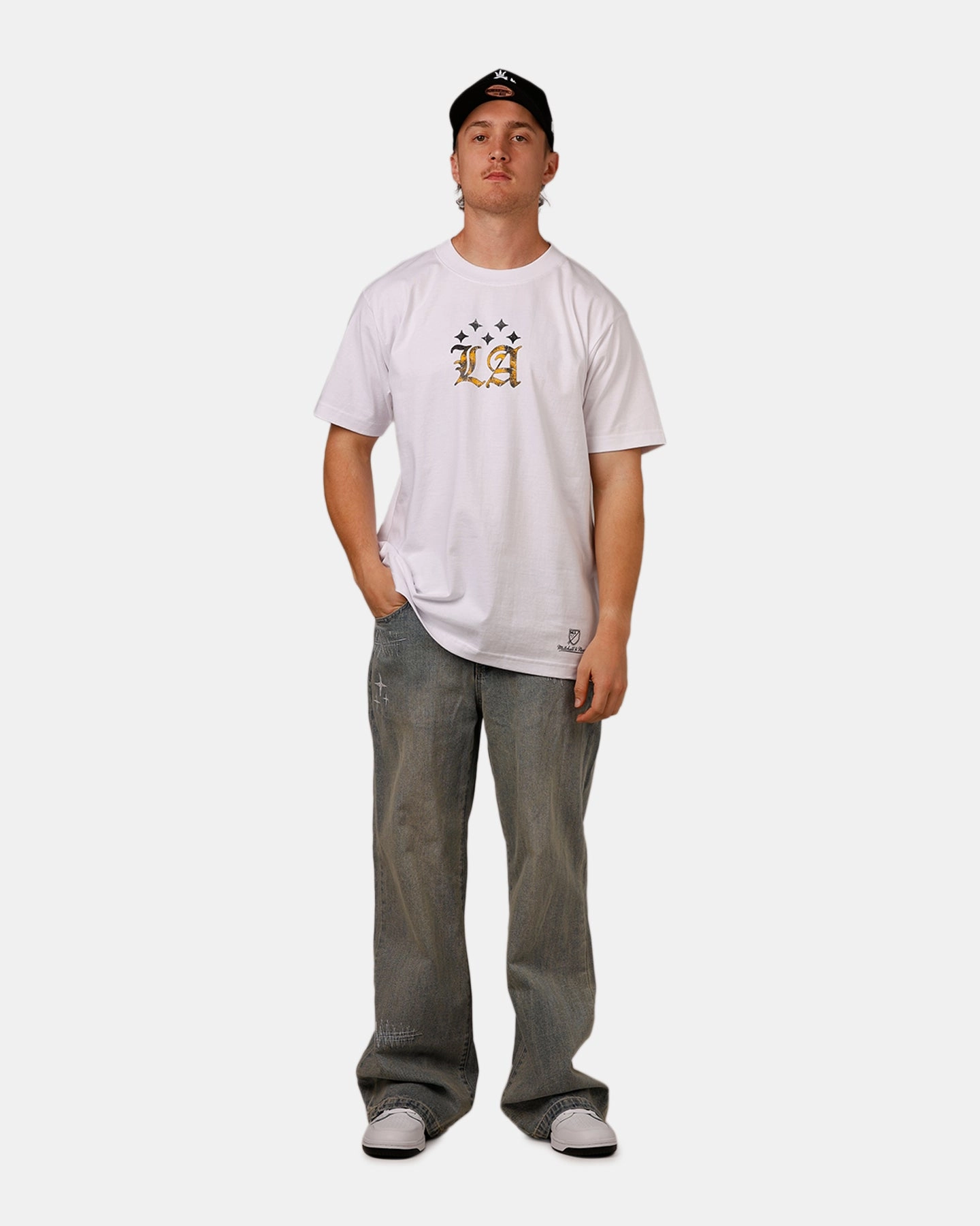 Mitchell & Ness X Los Angeles Galaxy X Culture Kings LA Wordmark T-Shirt White Bound Seam Finish
