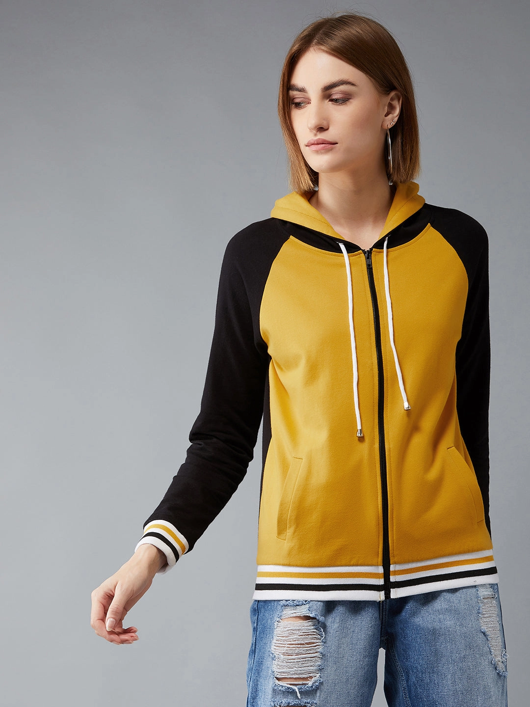 Stain Resistant Material BreathableFabric Women's Multicolored- Base- Mustard Yellow Hooded Full Sleeves Loopknit, Rib Solid Color-Block/Raglan Regular Length Jacket