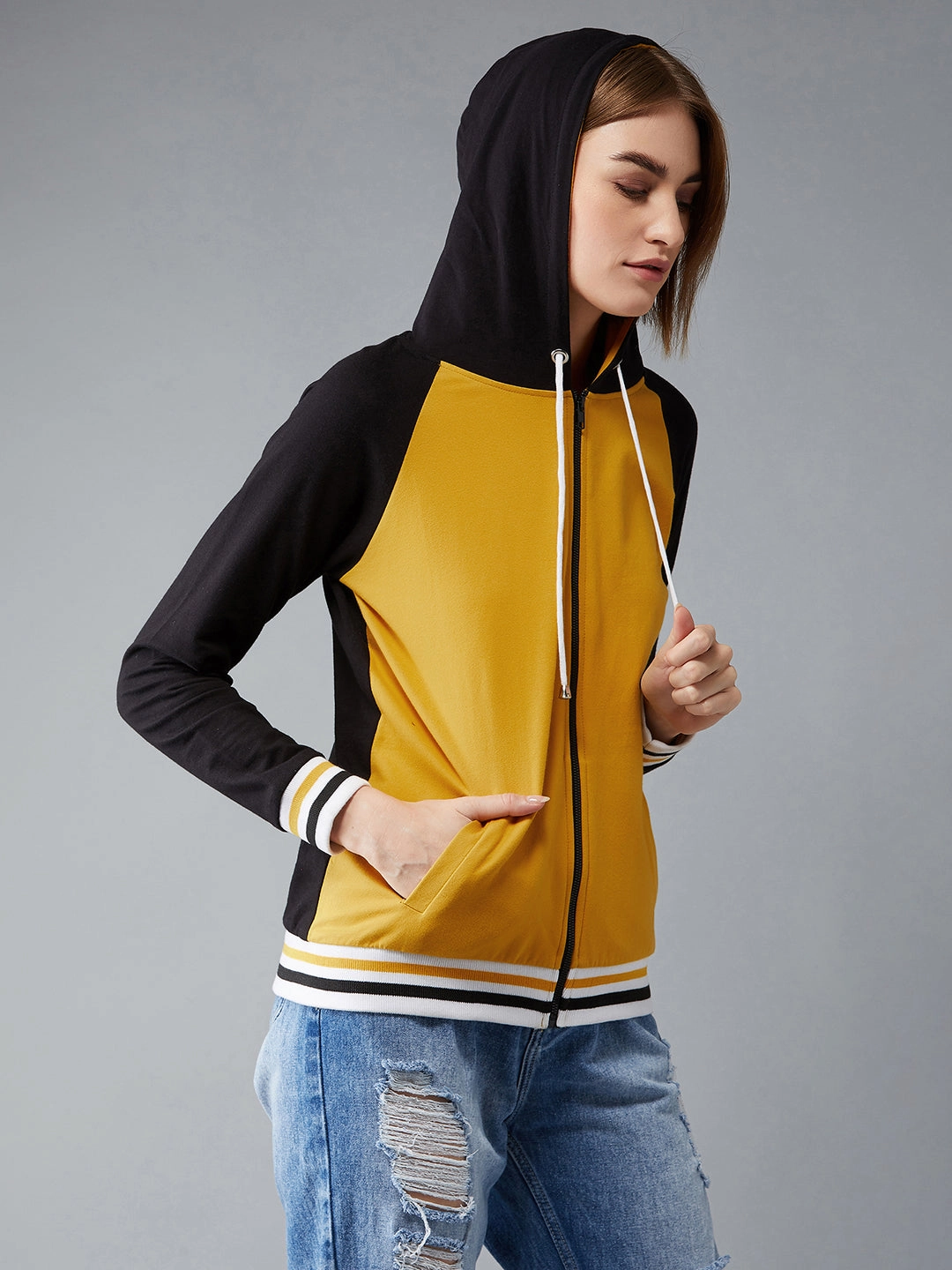 Women's Multicolored- Base- Mustard Yellow Hooded Full Sleeves Loopknit, Rib Solid Color-Block/Raglan Regular Length Jacket SeamSealed Edges Odor Control Treatment