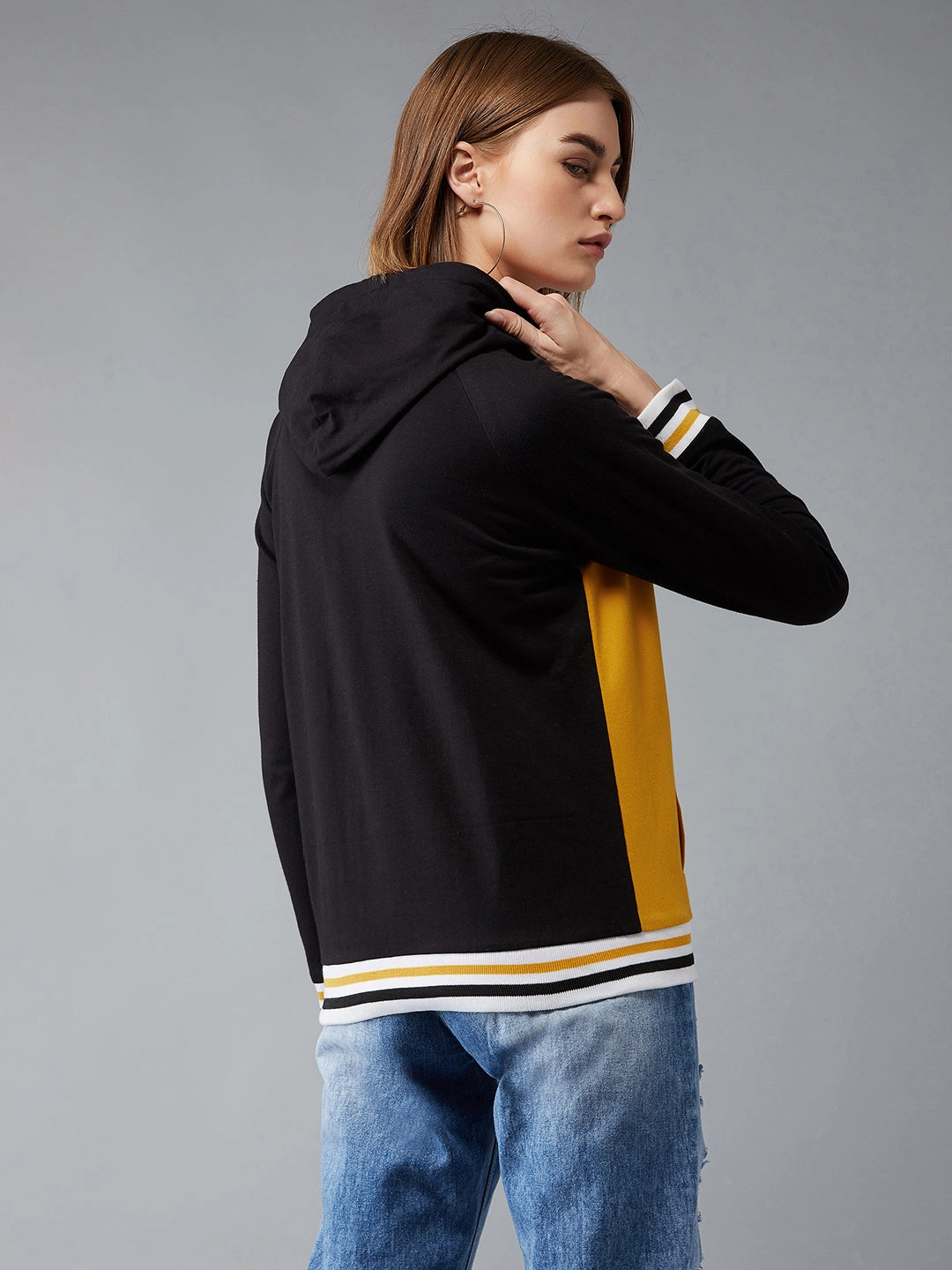 Taped Seam Technology Women's Multicolored- Base- Mustard Yellow Hooded Full Sleeves Loopknit, Rib Solid Color-Block/Raglan Regular Length Jacket