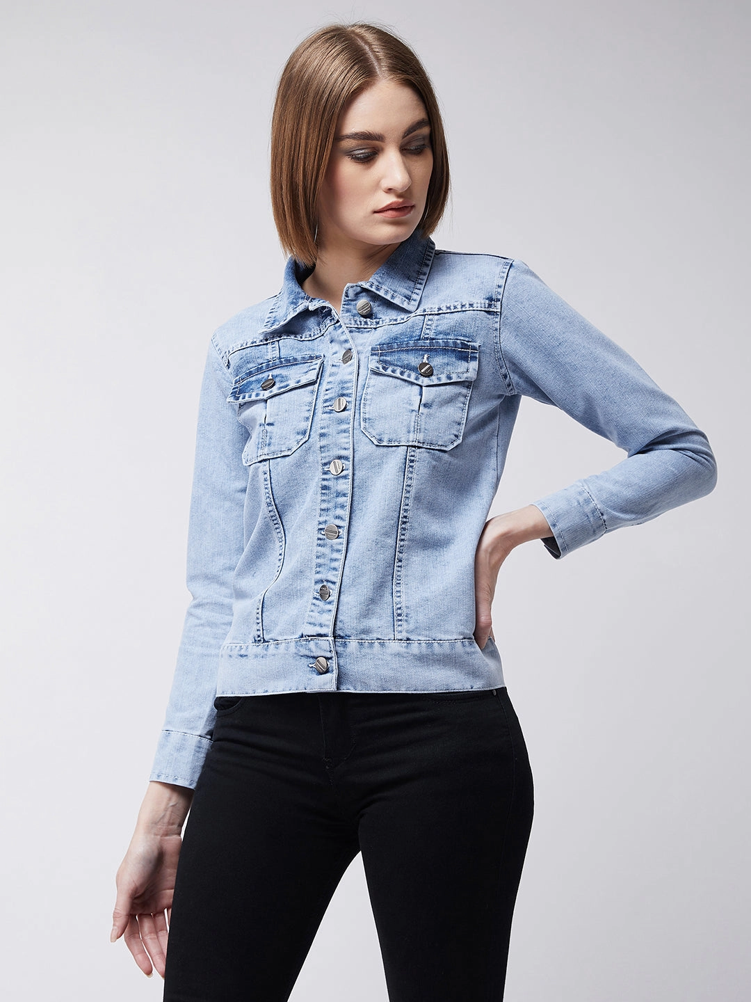 City Commuter Adventure Day Look Women's Light Blue Collared Full Sleeves Solid Buttoned Denim Jacket