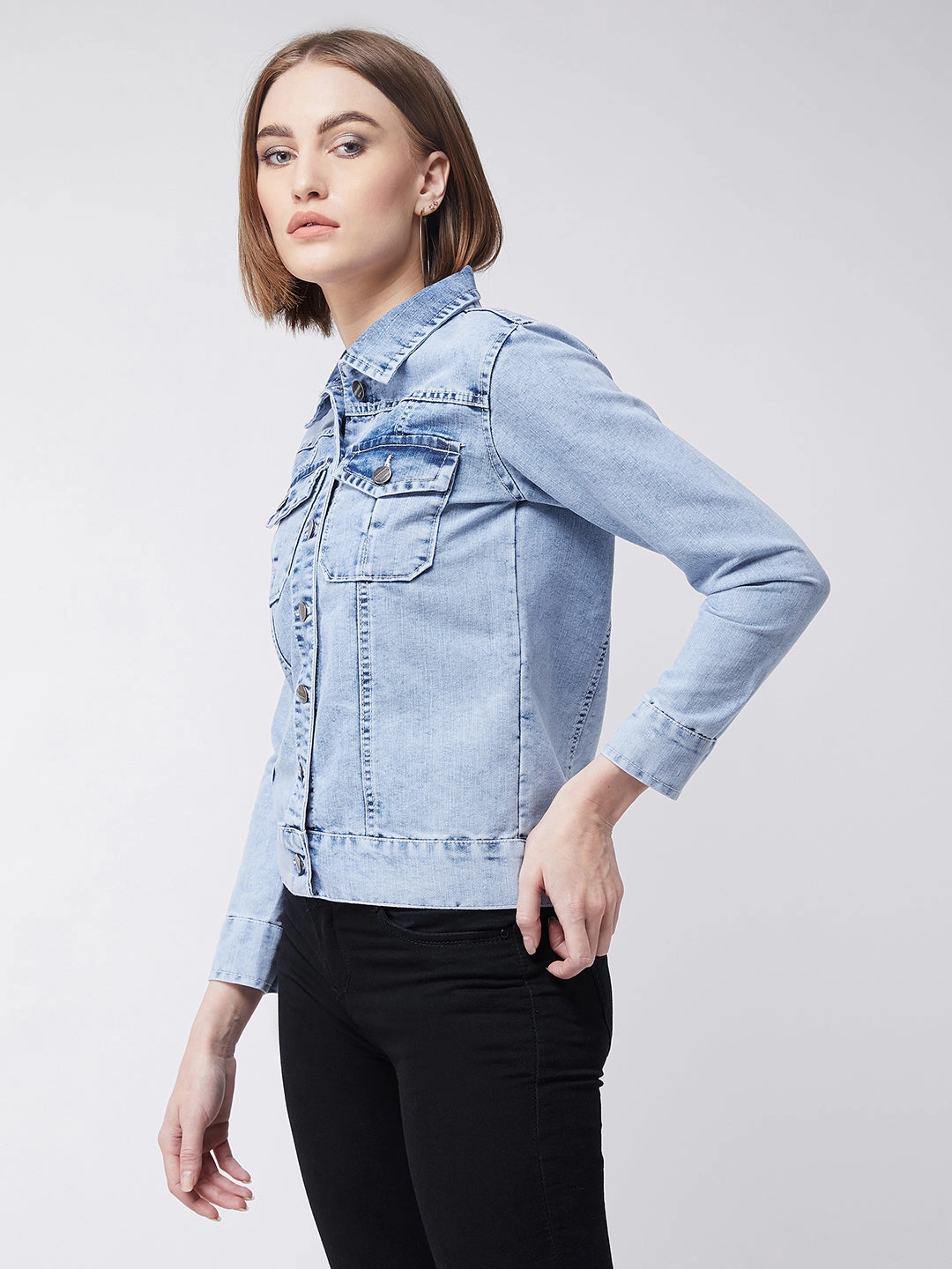 Women's Light Blue Collared Full Sleeves Solid Buttoned Denim Jacket Reinforced Shoulder Padding