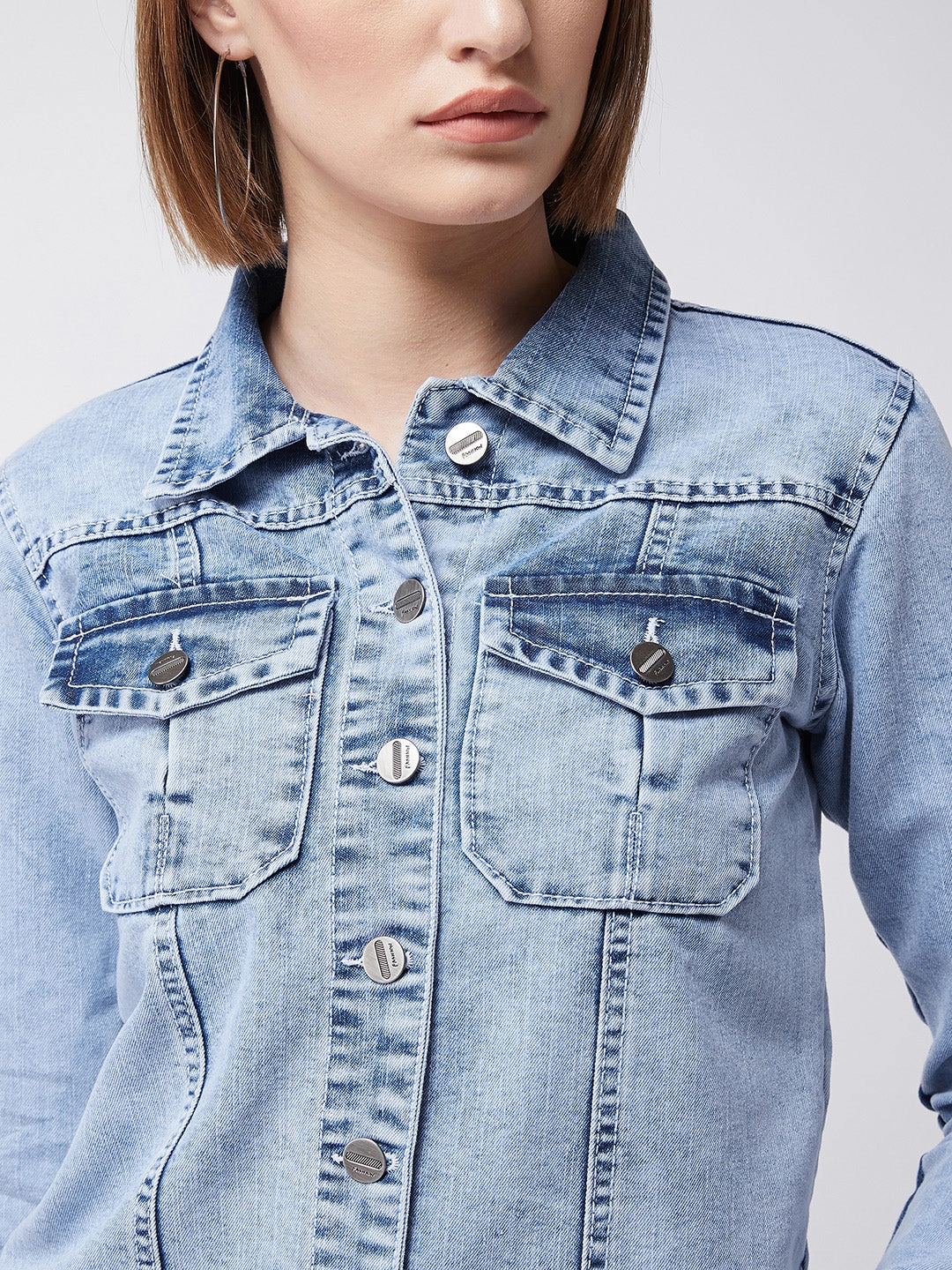 Stretch Paneling Women's Light Blue Collared Full Sleeves Solid Buttoned Denim Jacket