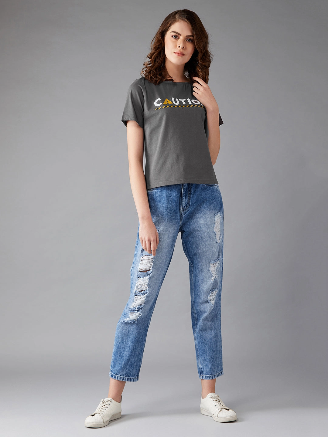 Women's Charcoal Grey Boat Neck Short Sleeve Printed Cropped T-Shirt DualLayer Weave Classic Tank