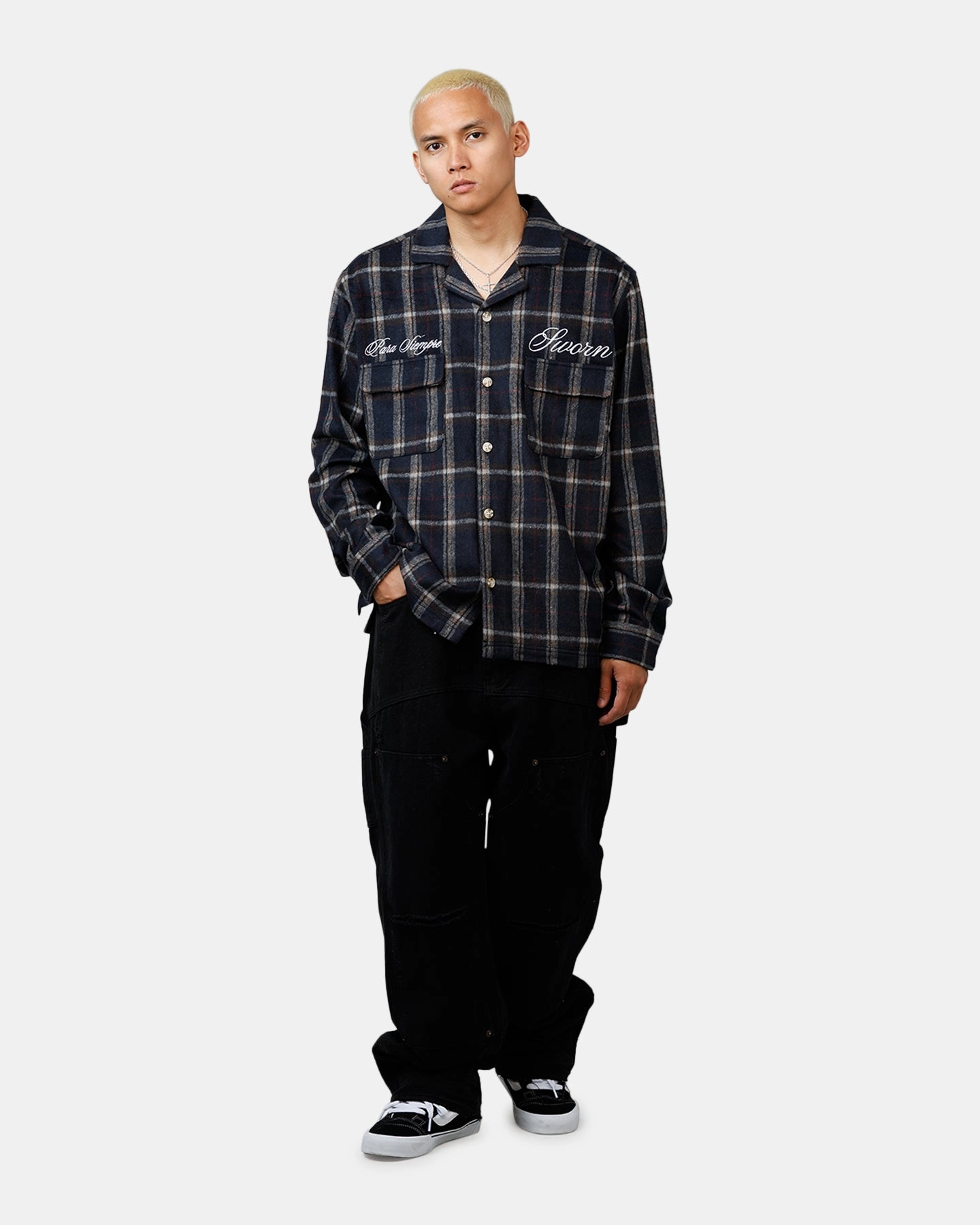 AthleisureInspired RaglanSleeve Sworn To Us Lotus Angel Flannel Button Up Shirt Navy