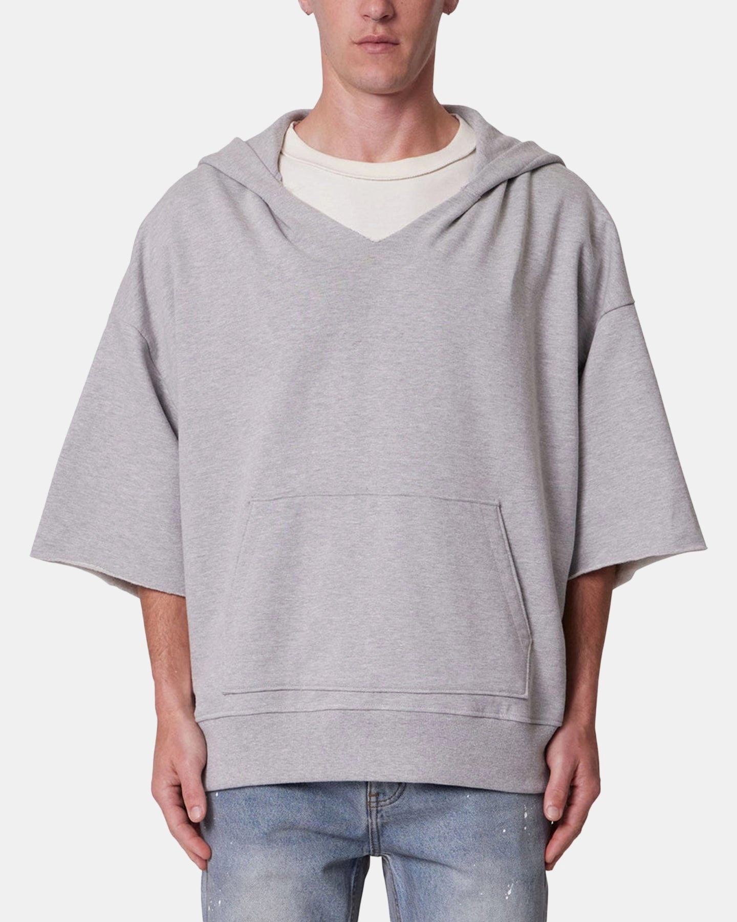 Layered Hem Detailing MNML Hooded 3/4 Sleeve Rag Sweater Grey