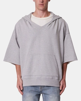 Layered Hem Detailing MNML Hooded 3/4 Sleeve Rag Sweater Grey