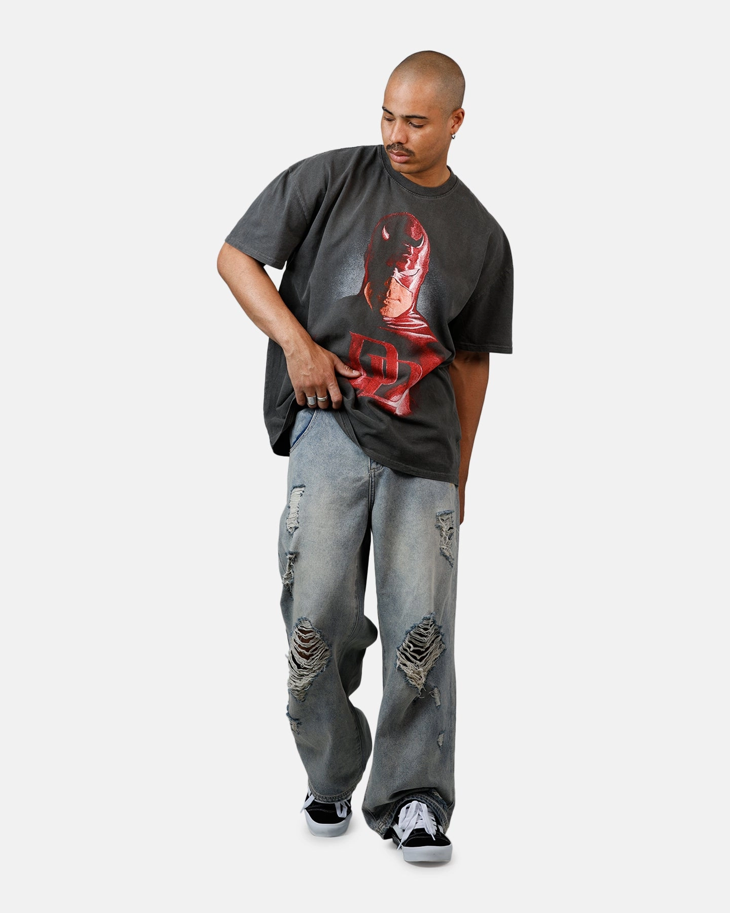 Self Fabric Tie DoubleStitched Hemming American Thrift Marvel Daredevil Face Heavyweight T-Shirt Black Wash