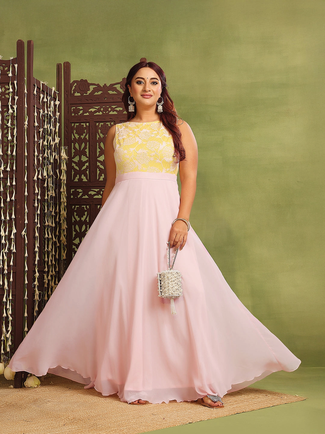 Women's Dusty Pink Boat Neck Sleeveless Self-Design Lace-Overlaid Georgette Maxi Dress Euro Ease