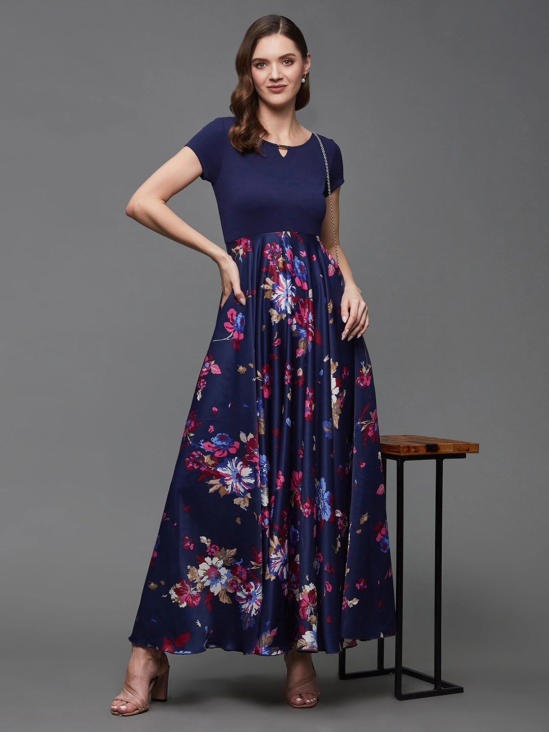 Beaded-Edge Women's Multicolored-Base-Navy Blue Keyhole Neck Short Sleeve Floral Polyester Fit & Flare Maxi Dress