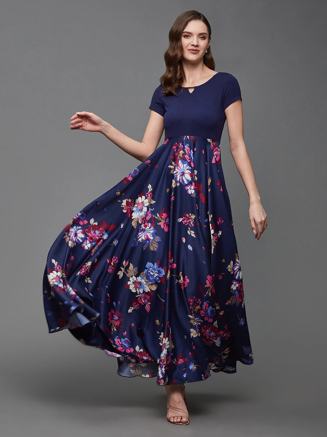 Women's Multicolored-Base-Navy Blue Keyhole Neck Short Sleeve Floral Polyester Fit & Flare Maxi Dress Timeless Vibe Drapey Fabric