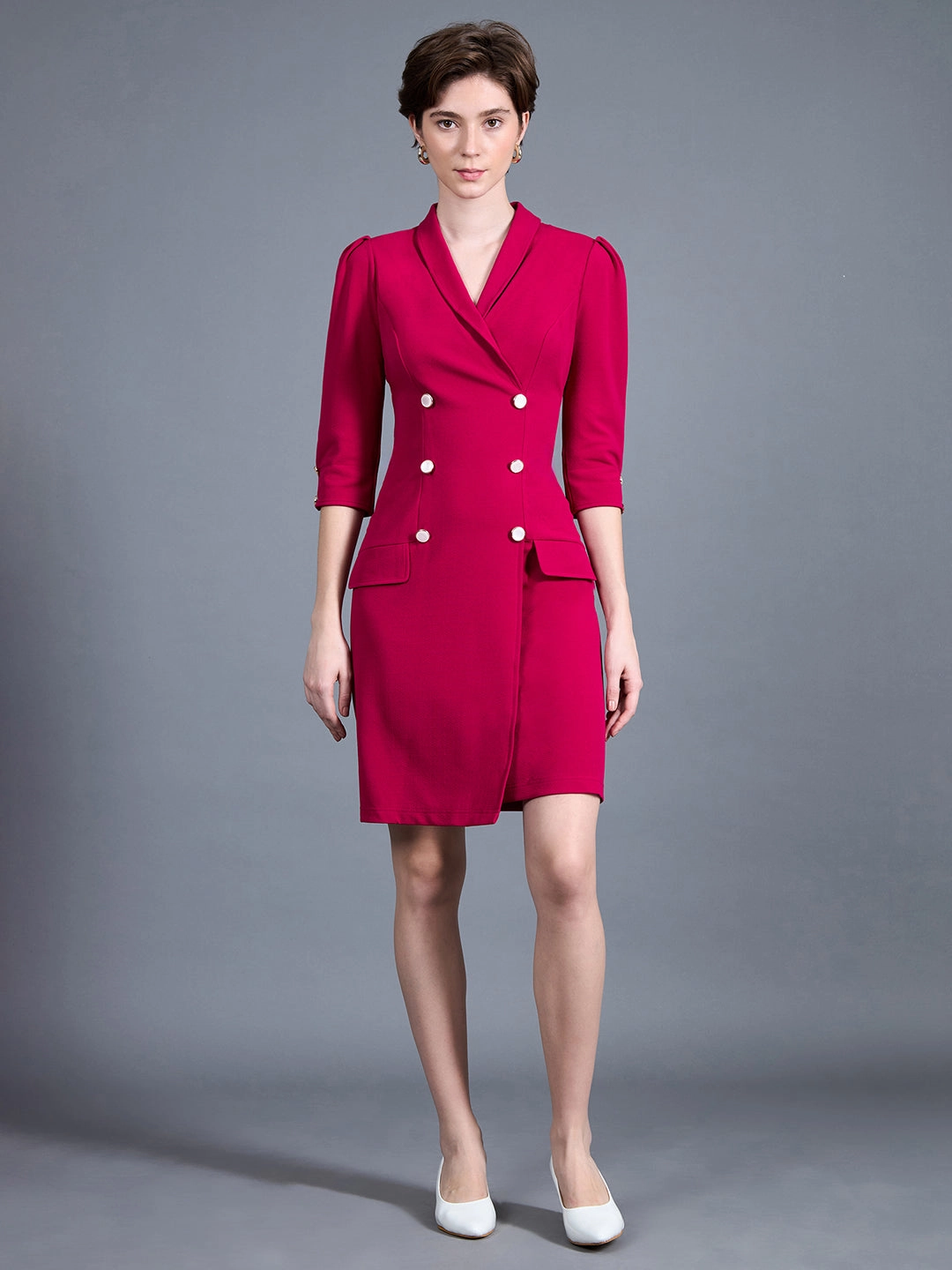 Glamorous look Women's Dark Pink V-neck 3/4 Sleeve Solid Double Breasted Blazer Knee-Long Polyester Dress