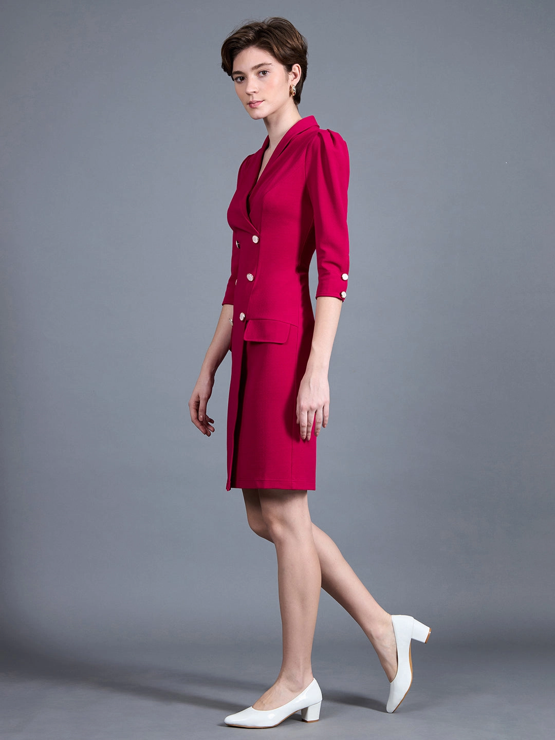 Women's Dark Pink V-neck 3/4 Sleeve Solid Double Breasted Blazer Knee-Long Polyester Dress Midnight Mood