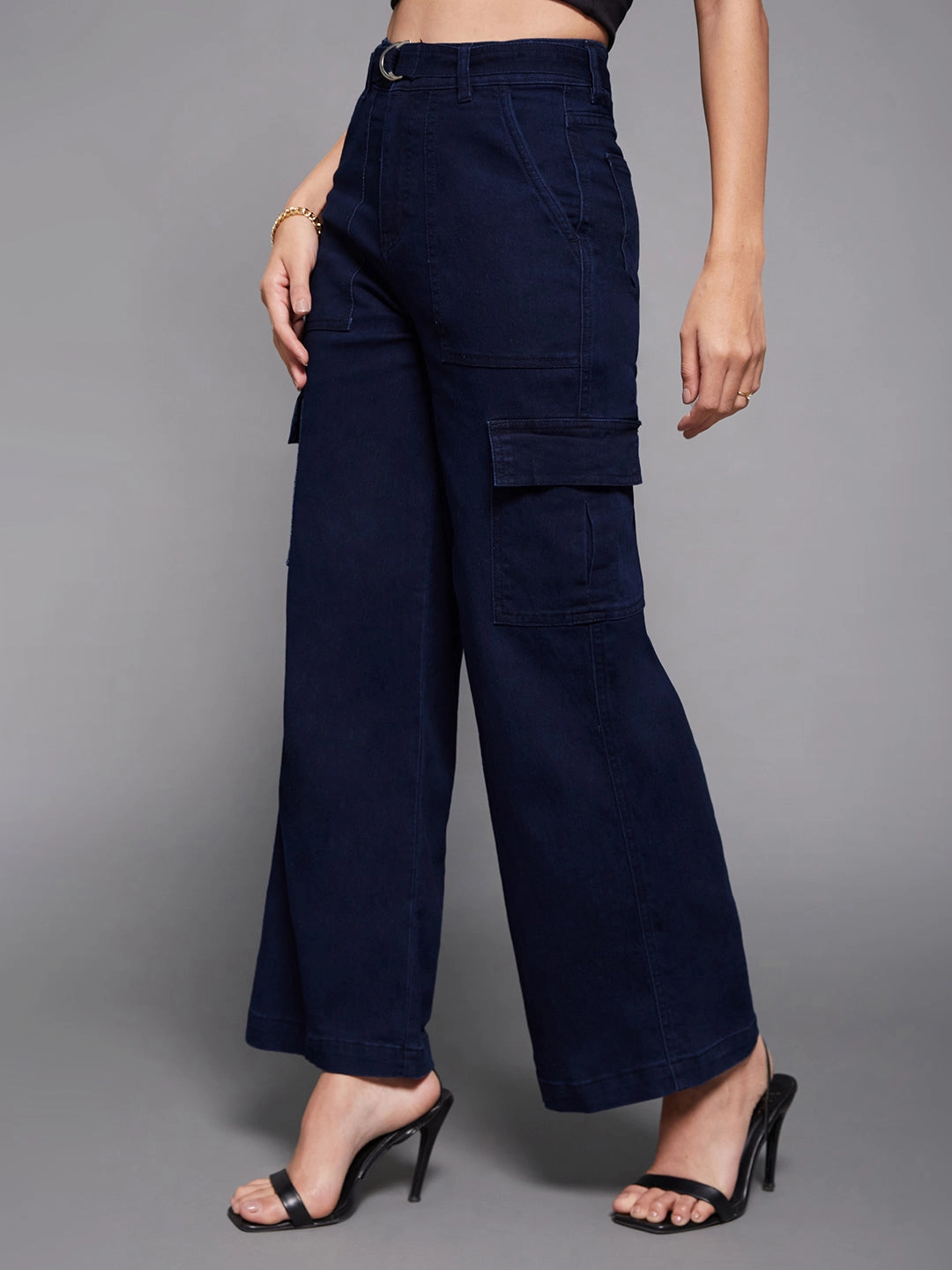Neutral Daily Wear Adult Fashion 24/7 Comfort Navy Blue Wide-Leg High-Rise Stretchable Cargo Denim Jeans