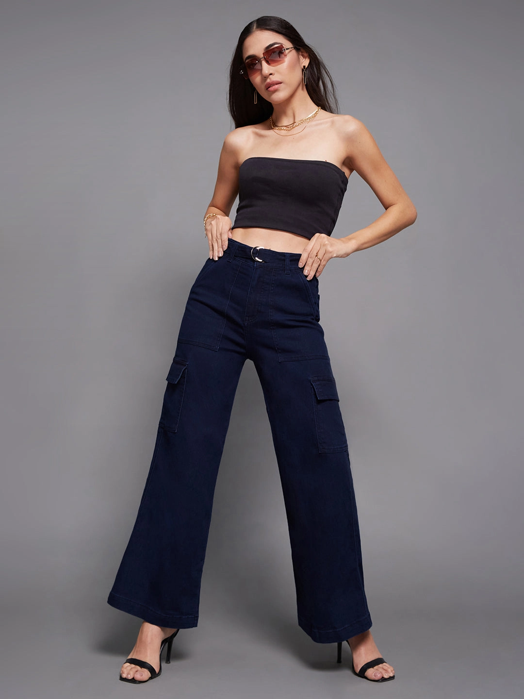 Neutral Mood 24/7 Comfort Navy Blue Wide-Leg High-Rise Stretchable Cargo Denim Jeans