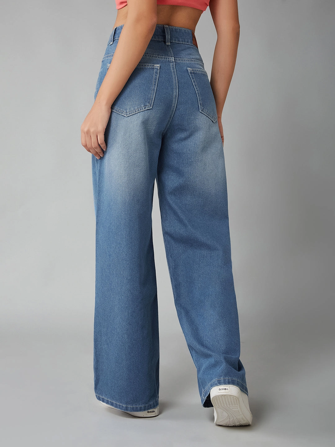 Soft Stretch Simple Match Women's Light Blue Wide-Leg High-Rise Clean-Look Regular-Length Non-stretchable Denim Jeans