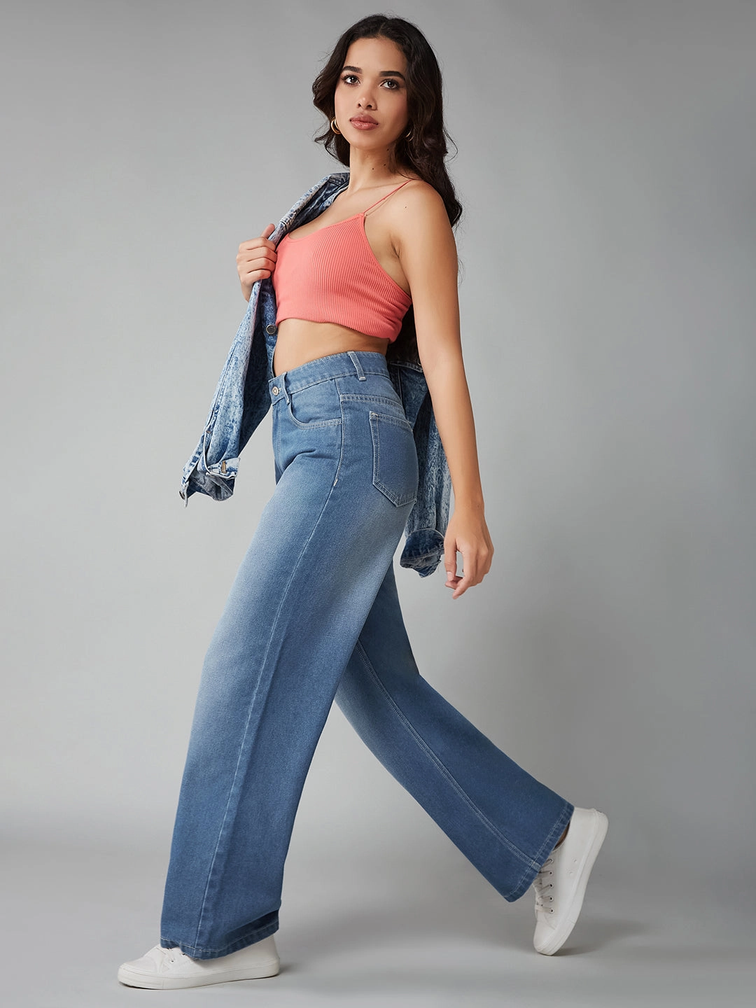 Comfortable Design Look No Fuss Fit Women's Light Blue Wide-Leg High-Rise Clean-Look Regular-Length Non-stretchable Denim Jeans
