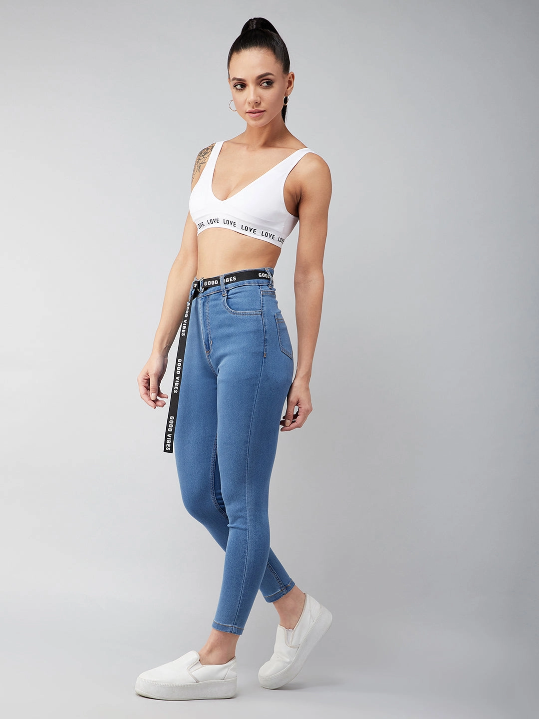 Women's Blue Cotton Skinny-Fit Cropped High-Rise Stretchable Denim Jeans Spring Mood Bold