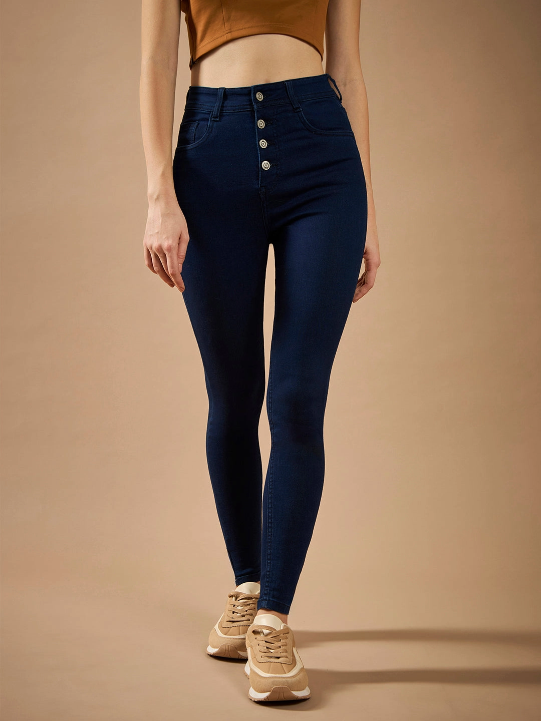 Night Out Everyday Holiday Vibes Fashion friendly Women's Navy Blue Skinny-Fit High-Rise Regular-Length Clean-Look Stretchable Denim Jeans